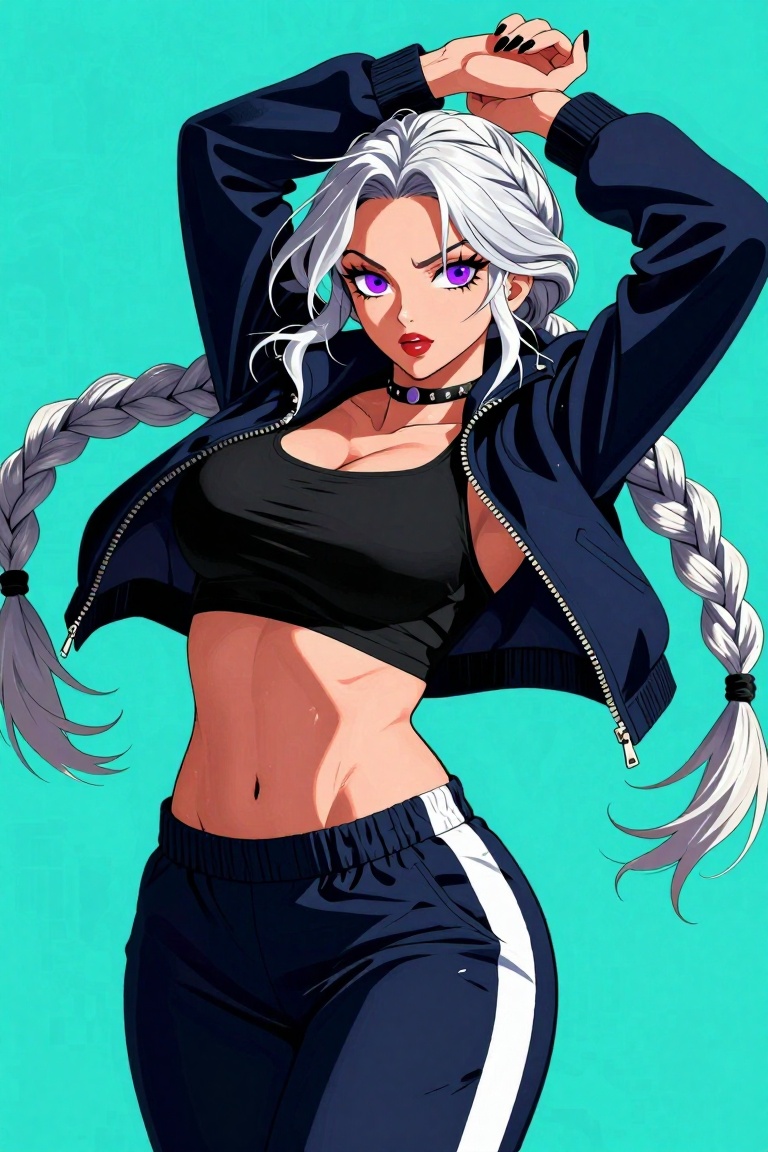 highly detailed anime illustration of a stylish fierce woman,  voluptuous athletic build,  large expressive eyes with purp...