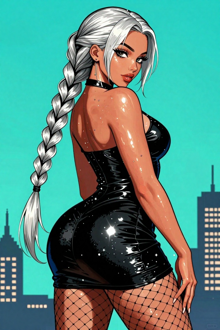 anime girl with glamorous look,  voluptuous body,  long silver-white braids cascading down back on Tensor.Art