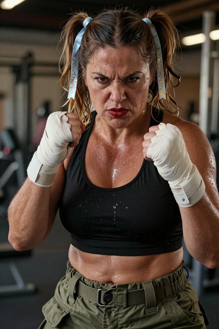 photorealistic intense portrait of an athletic curvy woman,  sweaty glistening skin with realistic sweat droplets on face,...