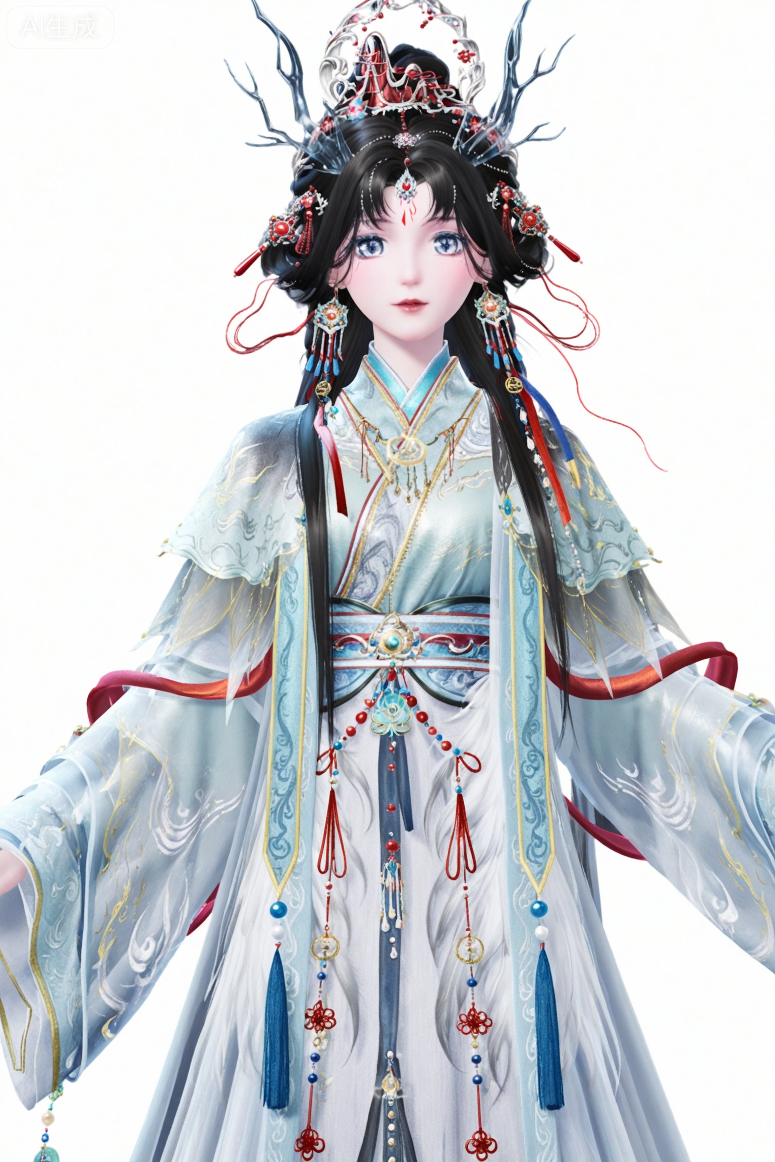 1girl, solo, long hair, looking at viewer, blue eyes, simple background, black hair, hair ornament, long sleeves, white background, dress, ribbon, jewelry, earrings, sash, facial mark, chinese clothes, crown, tassel, forehead mark, hanfu