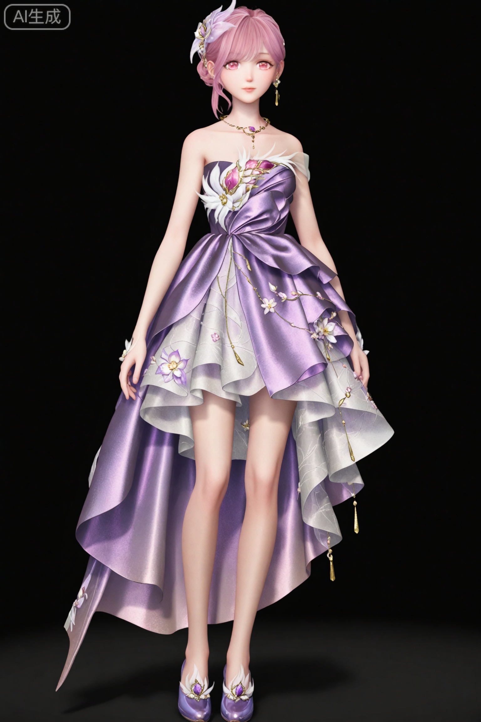 1girl, solo, pink hair, dress, full body, jewelry, hair ornament, black background, simple background, necklace, pink eyes, bare shoulders, standing, looking at viewer, earrings, flower, hair flower, purple dress, purple footwear, short hair