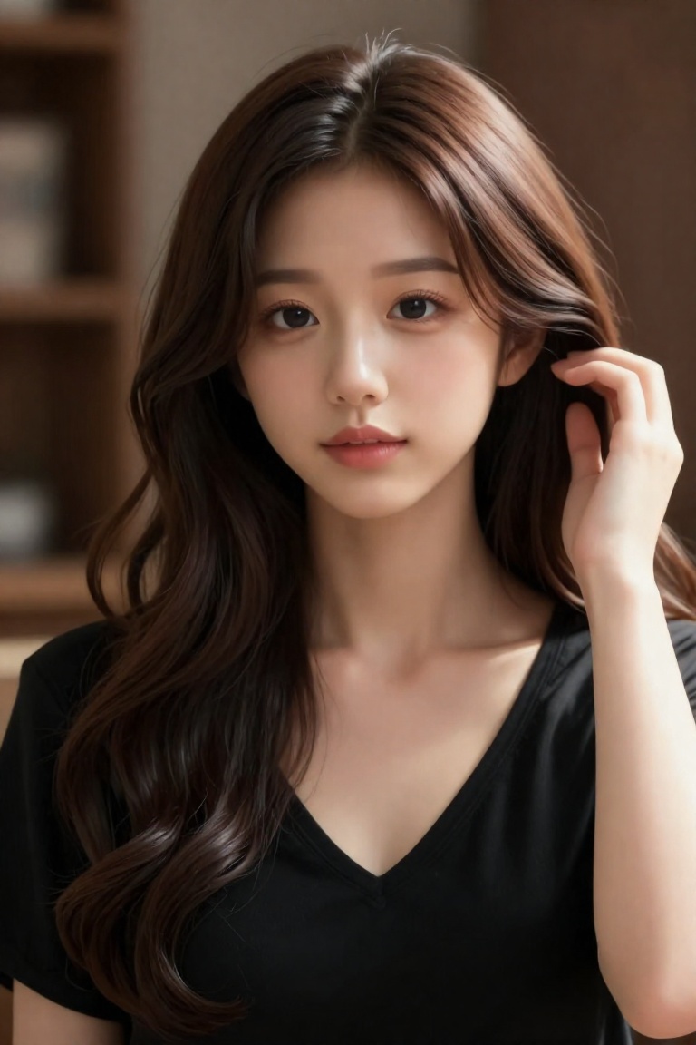 This is a highly realistic digital portrait of an East Asian woman in her early 20s. She has long,  curly,  dark brown hai...