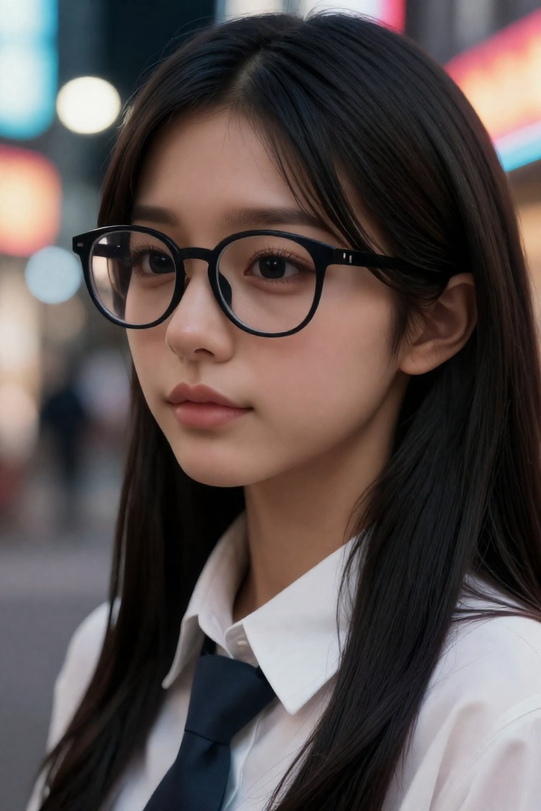 Japanese beauty,  head and upper body close-up. Her deep-set eyes,  framed by black-rimmed glasses on Tensor.Art