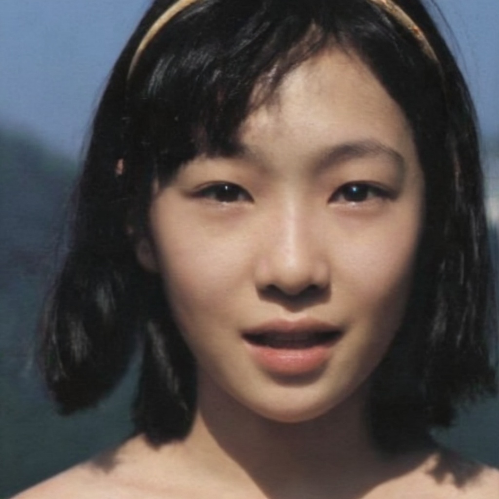 cxm,  A close-up portrait captures an East Asian woman with a neutral expression and slightly parted lips. Her sleek dark...