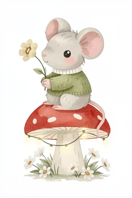 Sanna Sjostrom Style. A whimsical watercolor illustration depicts a soft,  light-grey mouse sitting atop a large,  bright...