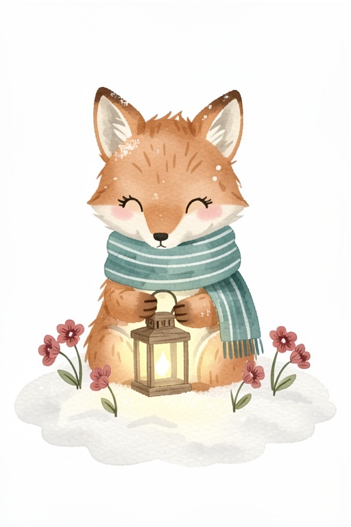 Sanna Sjostrom Style. A whimsical watercolor illustration features a small,  soft-featured orange fox sitting upright in a...