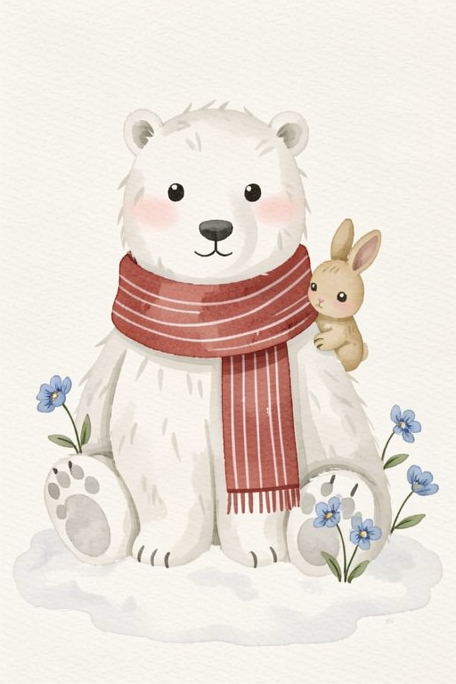 Sanna Sjostrom Style. A serene watercolor illustration depicts a large,  soft white polar bear sitting calmly in a drift o...