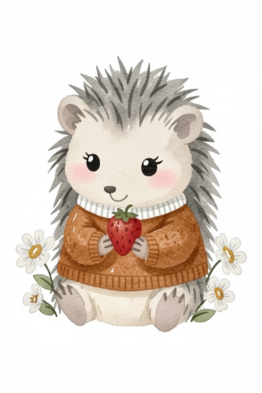 Sanna Sjostrom Style. A whimsical watercolor illustration features a small,  plump hedgehog sitting centered against a pla...