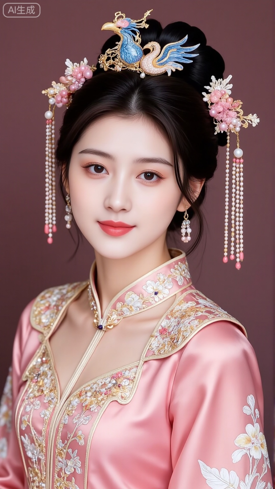 A woman dressed in a fairy-style gauze dress with a high bun, and her long black hair was pulled into a full round bun on the top of her head. The bun is decorated with a phoenix-shaped hair crown with blue and pink gradients, inlaid with large pearls and pink beads. Pearl string tassels hang down on both sides, and the tassels made of pink and white pearls sway gently in the wind. The overall shape is fairy-like and full of fantasy. Master level mirror movement. The camera follows the movement of the characters, reasonably arranges panorama, medium shot, close-up, super close-up, and free movement, then slowly stops for the last 1.5 seconds and smiles at the camera.