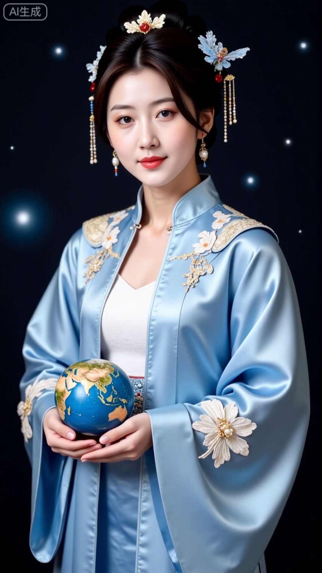 Wear a light blue ancient-style Hanfu with an elegant and light gauze large-sleeved shirt. The large-sleeved shirt has white exquisite pattern embroidery, a white tube top underneath, and a light blue butterfly decoration on the chest. The overall shape is fairy-like and agile, showing classical elegance. You fly to the distance in space to see the position of the earth, and then reach out to shrink the earth into a model and place it on the palm of your hand. The background is a hazy and mysterious dark outer space environment with light spots. The overall picture creates a fantasy and aesthetic atmosphere that blends ancient and modern times.
