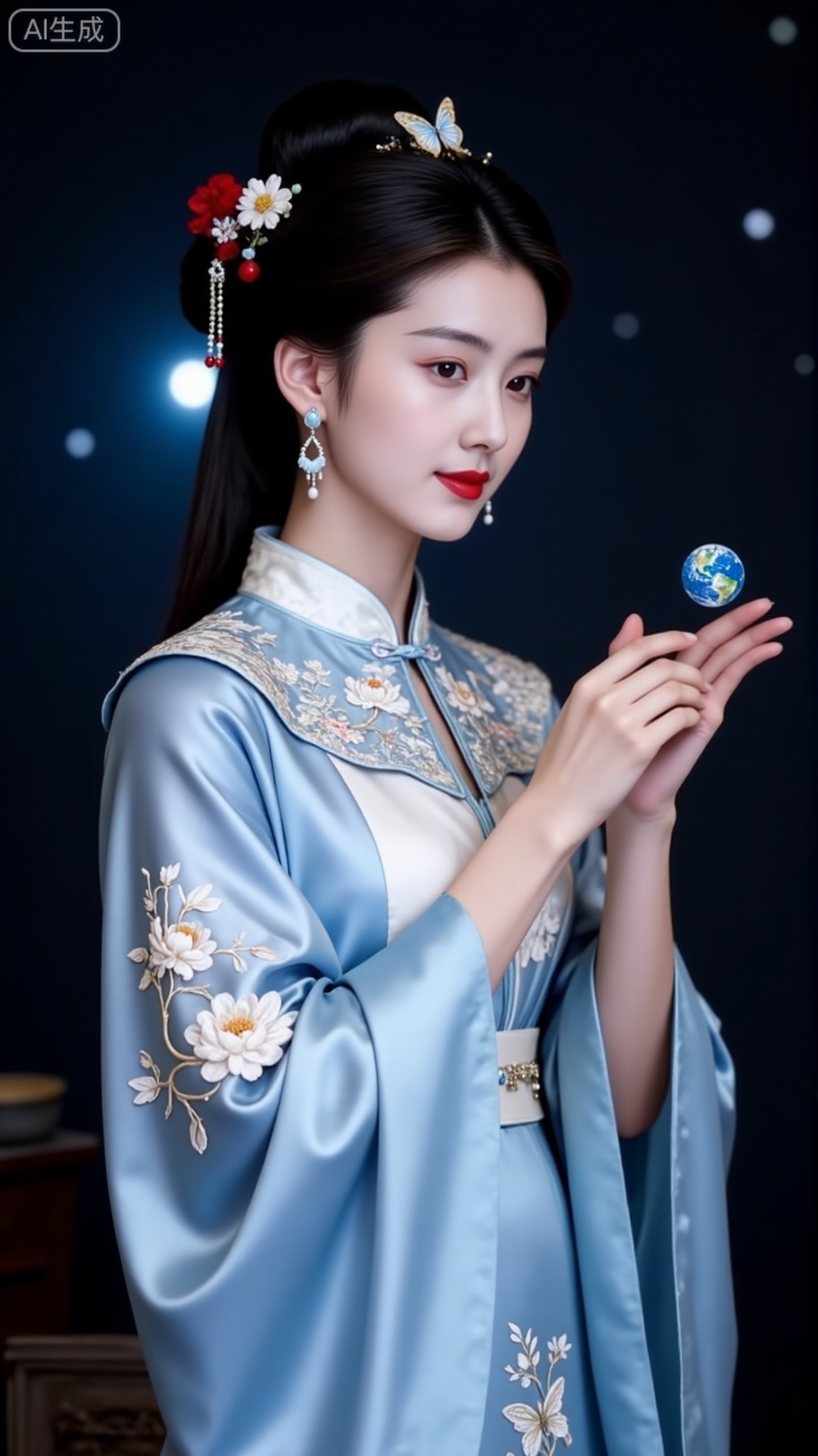 Wear a light blue ancient-style Hanfu with an elegant and light gauze large-sleeved shirt. The large-sleeved shirt has white exquisite pattern embroidery, a white tube top underneath, and a light blue butterfly decoration on the chest. The overall shape is fairy-like and agile, showing classical elegance. You fly to the distance in space to see the position of the earth, and then reach out to shrink the earth into a model and place it on the palm of your hand. The background is a hazy and mysterious dark outer space environment with light spots. The overall picture creates a fantasy and aesthetic atmosphere that blends ancient and modern times.,girl