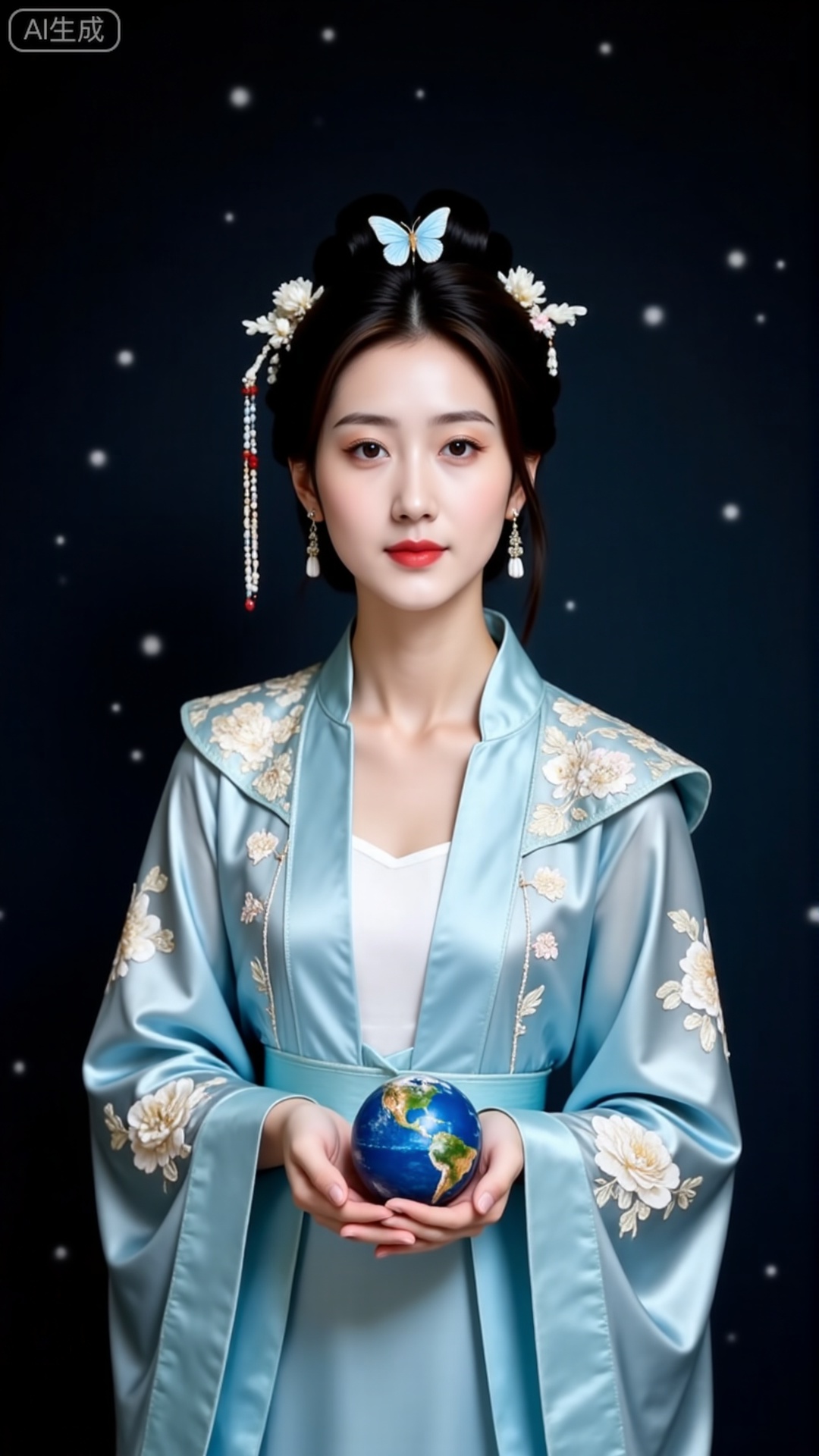 Wear a light blue ancient-style Hanfu with an elegant and light gauze large-sleeved shirt. The large-sleeved shirt has white exquisite pattern embroidery, a white tube top underneath, and a light blue butterfly decoration on the chest. The overall shape is fairy-like and agile, showing classical elegance. You fly to the distance in space to see the position of the earth, and then reach out to shrink the earth into a model and place it on the palm of your hand. The background is a hazy and mysterious dark outer space environment with light spots. The overall picture creates a fantasy and aesthetic atmosphere that blends ancient and modern times.,girl