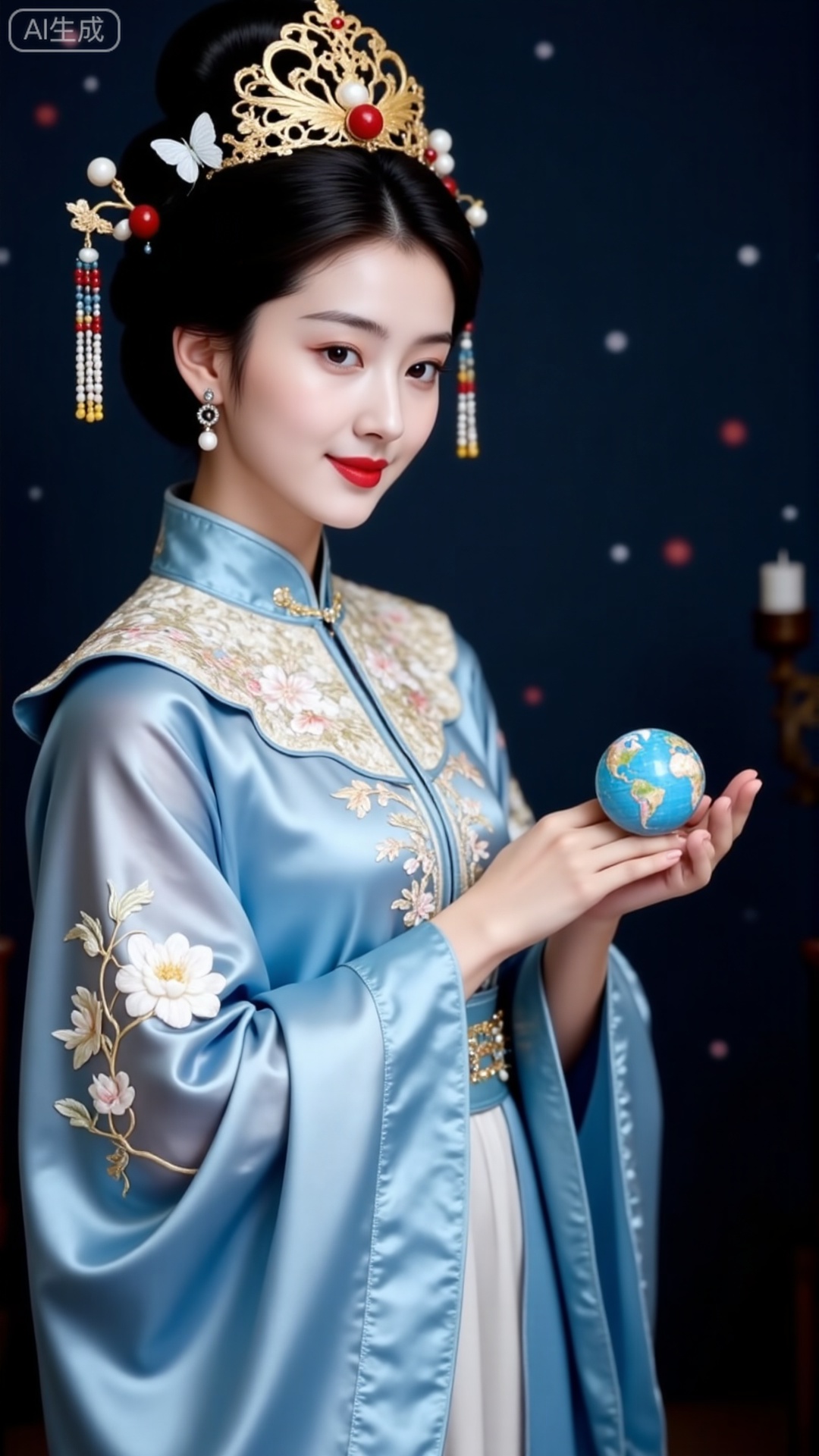 Wear a light blue ancient-style Hanfu with an elegant and light gauze large-sleeved shirt. The large-sleeved shirt has white exquisite pattern embroidery, a white tube top underneath, and a light blue butterfly decoration on the chest. The overall shape is fairy-like and agile, showing classical elegance. You fly to the distance in space to see the position of the earth, and then reach out to shrink the earth into a model and place it on the palm of your hand. The background is a hazy and mysterious dark outer space environment with light spots. The overall picture creates a fantasy and aesthetic atmosphere that blends ancient and modern times.