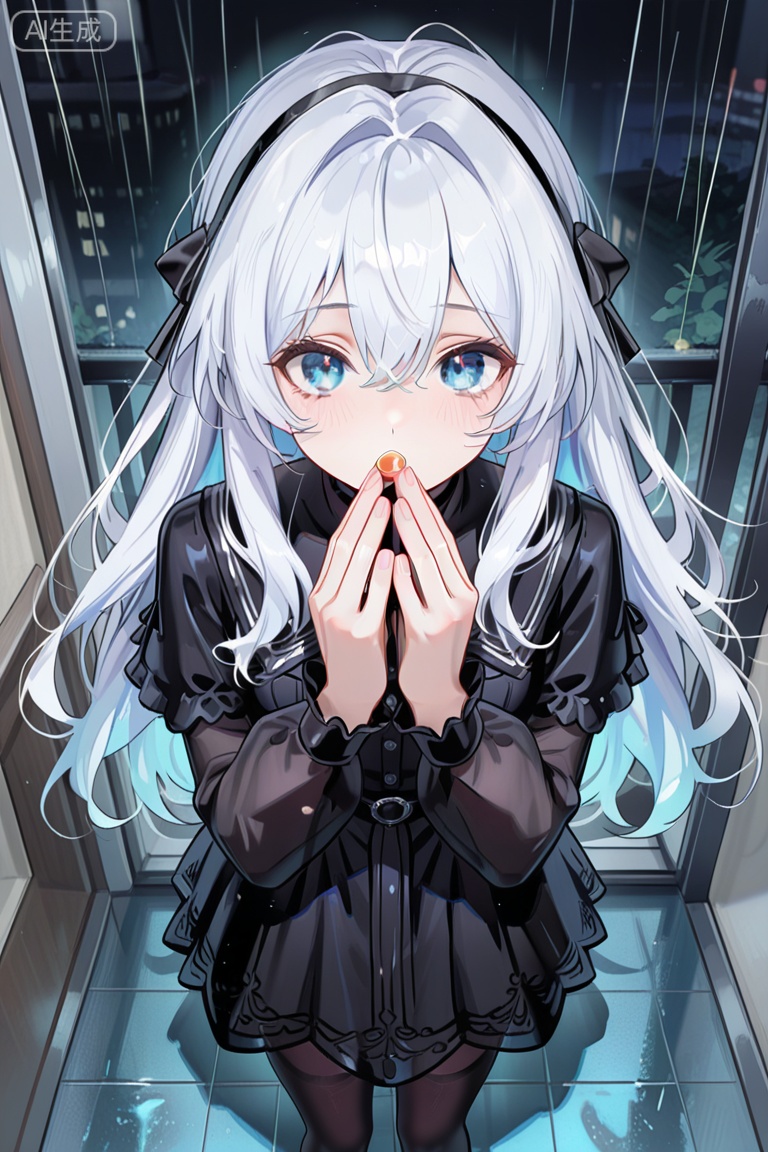 masterpiece,best quality,amazing quality,very aesthetic,absurdres,newest,impactful picture,offcial art,movie perspective, (yunsang:0.5),(ningen mame:0.5),,from_above, Cute girl wearing a Gothic dress, standing in the heavy rain, raising her hands to catch the rain, opening her mouth happily, diamond eyes, cyan hair, air bangs, very long hair,