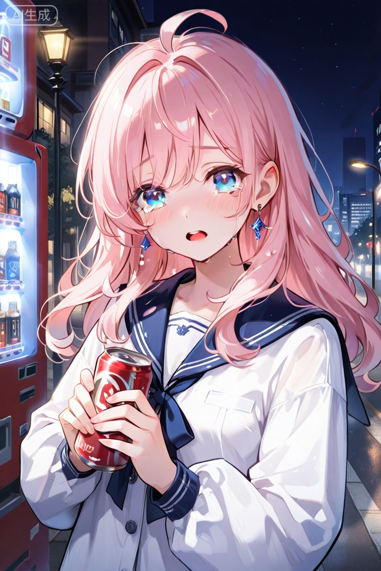 1girl, solo, long hair, looking at viewer, blush, open mouth, bangs, blue eyes, shirt, long sleeves, holding, jewelry, white shirt, upper body, pink hair, ahoge, earrings, outdoors, teeth, puffy sleeves, tears, sailor collar, night, buttons, crying, building, puffy long sleeves, crying with eyes open, city, can, road, lamppost, street, holding can, vending machine