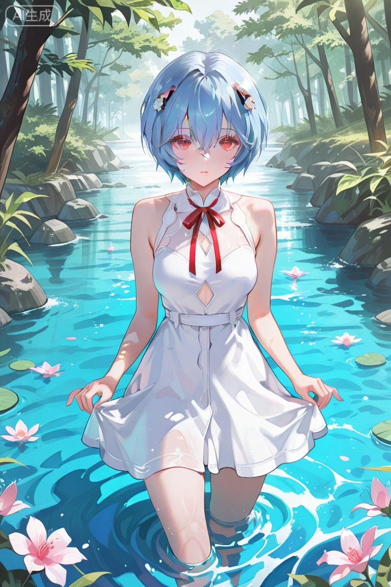masterpiece,best quality,amazing quality,very aesthetic,absurdres,newest,impactful picture,offcial art,movie perspective, (aos:0.5),(fajyobore:0.5),(chiaroscuro:0.5), 1girl, solo, breasts, looking at viewer, short hair, bangs, hair ornament, red eyes, dress, ribbon, hair between eyes, bare shoulders, blue hair, flower, outdoors, sleeveless, water, white dress, red ribbon, sleeveless dress, nature, wading, ayanami rei