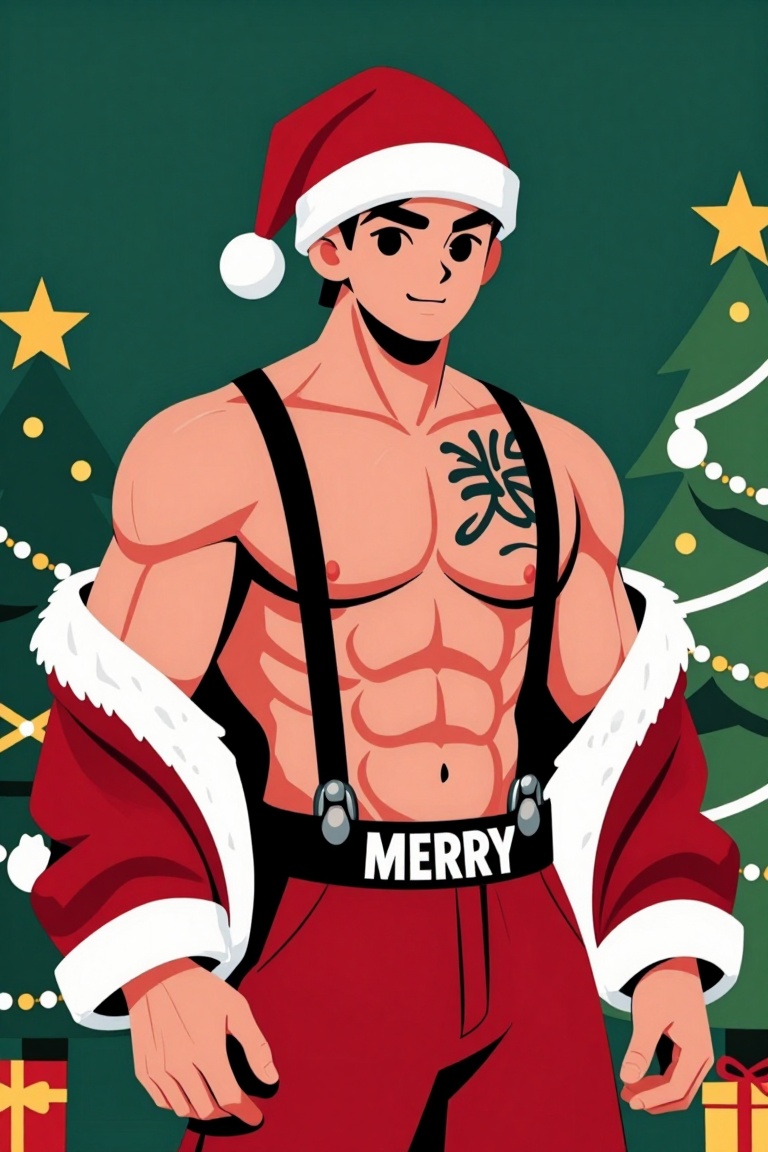 [Subject] The image shows a person standing against a dark green background. They are wearing a red Santa hat with white t...