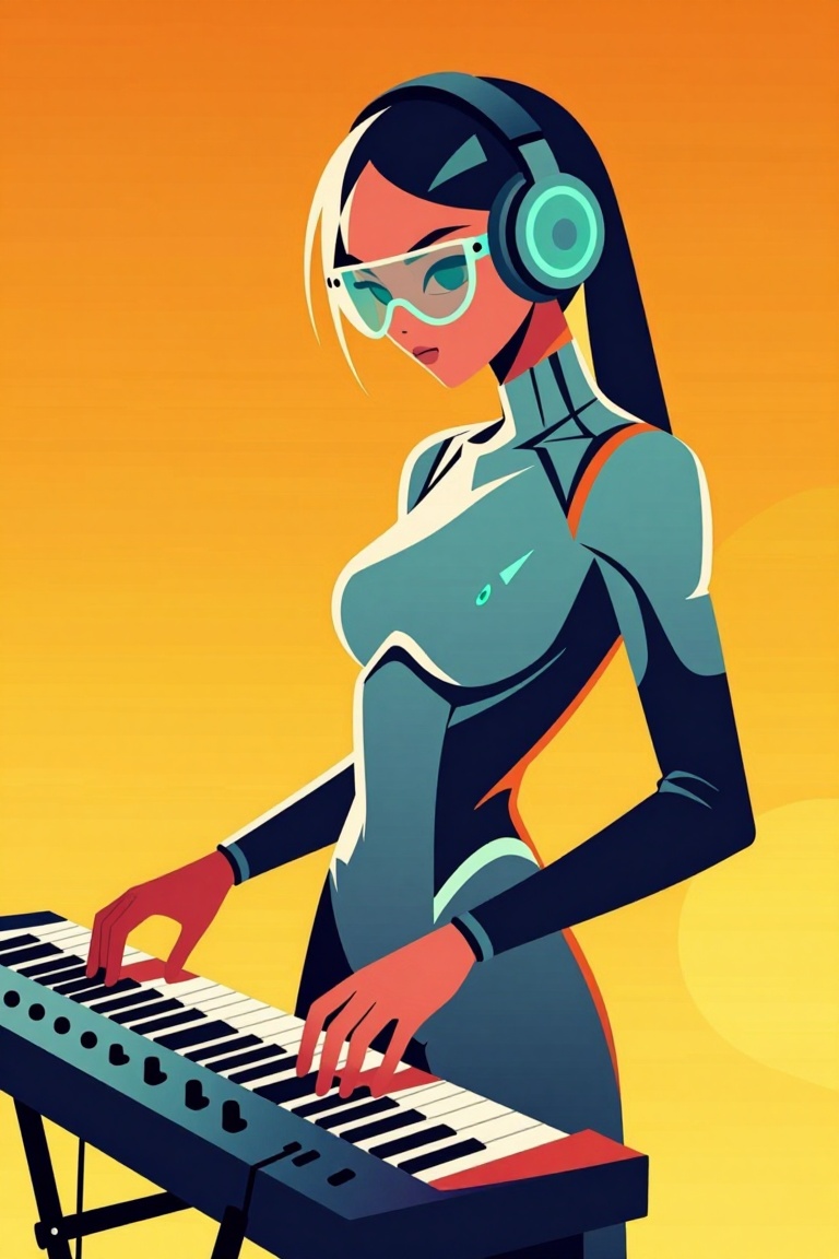 [Subject] The image depicts a futuristic scene with a woman wearing a sleek,  form-fitting outfit that appears to be made...