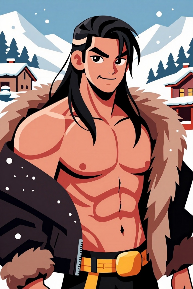 [Subject] The image depicts a muscular,  shirtless man with long black hair,  wearing a fur-lined jacket. He has a confide...