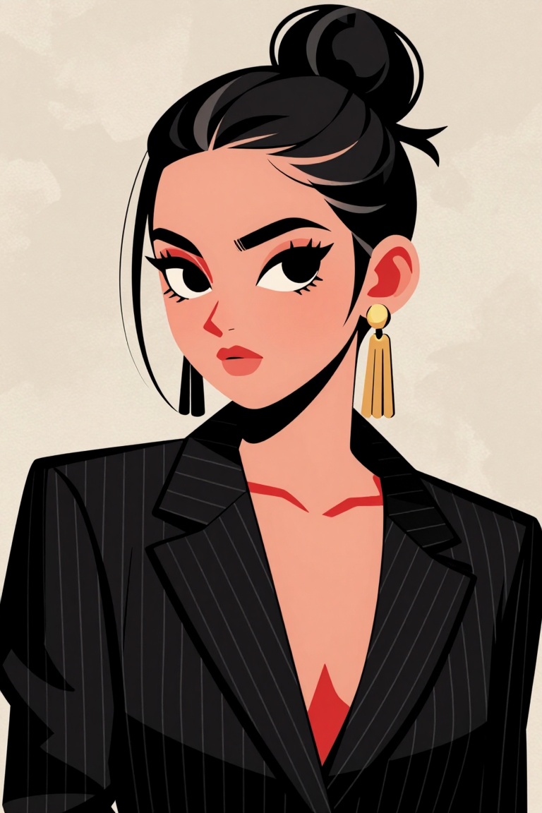 [Subject] The image shows a person with long,  dark hair styled in a high bun. They are wearing a black,  pinstriped blaze...