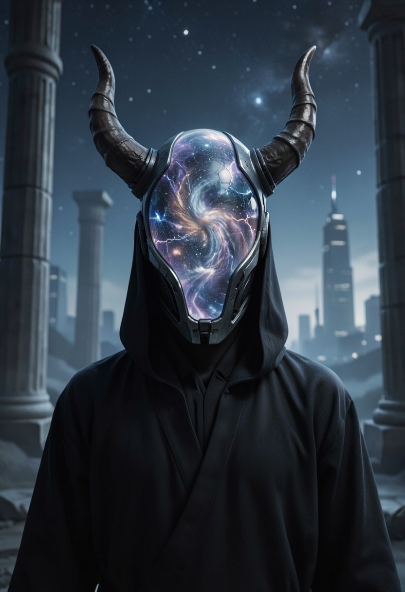 Cinematic,  futuristic scene featuring a close-up portrait of a mysterious figure wearing a dark,  flowing robe. The figur...