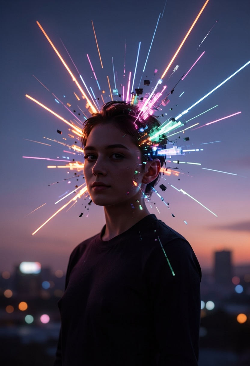 A surreal and glitch-inspired depiction of a figure with their head dissolving into a vibrant explosion of colorful light...