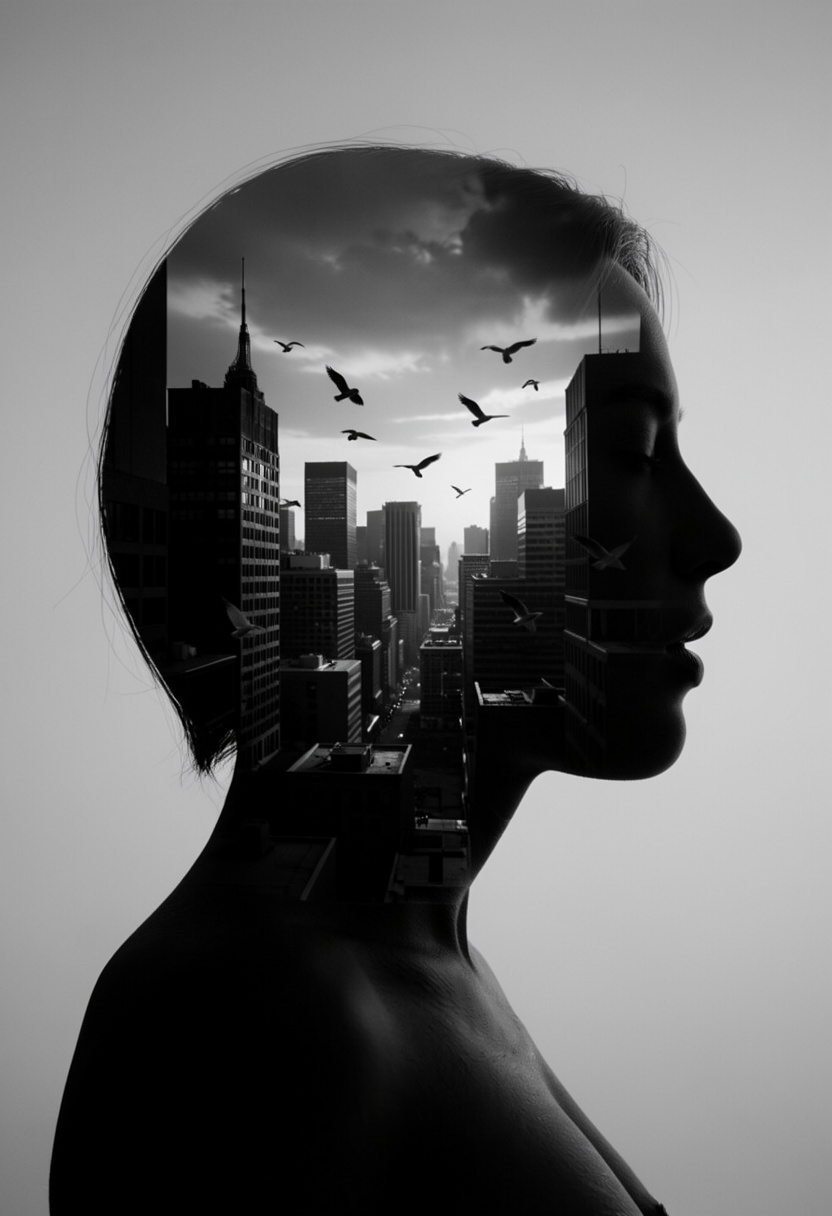 photorealistic silhouette of woman's head,  within which there appears to be a cityscape with buildings. (birds FLY BETWEE...