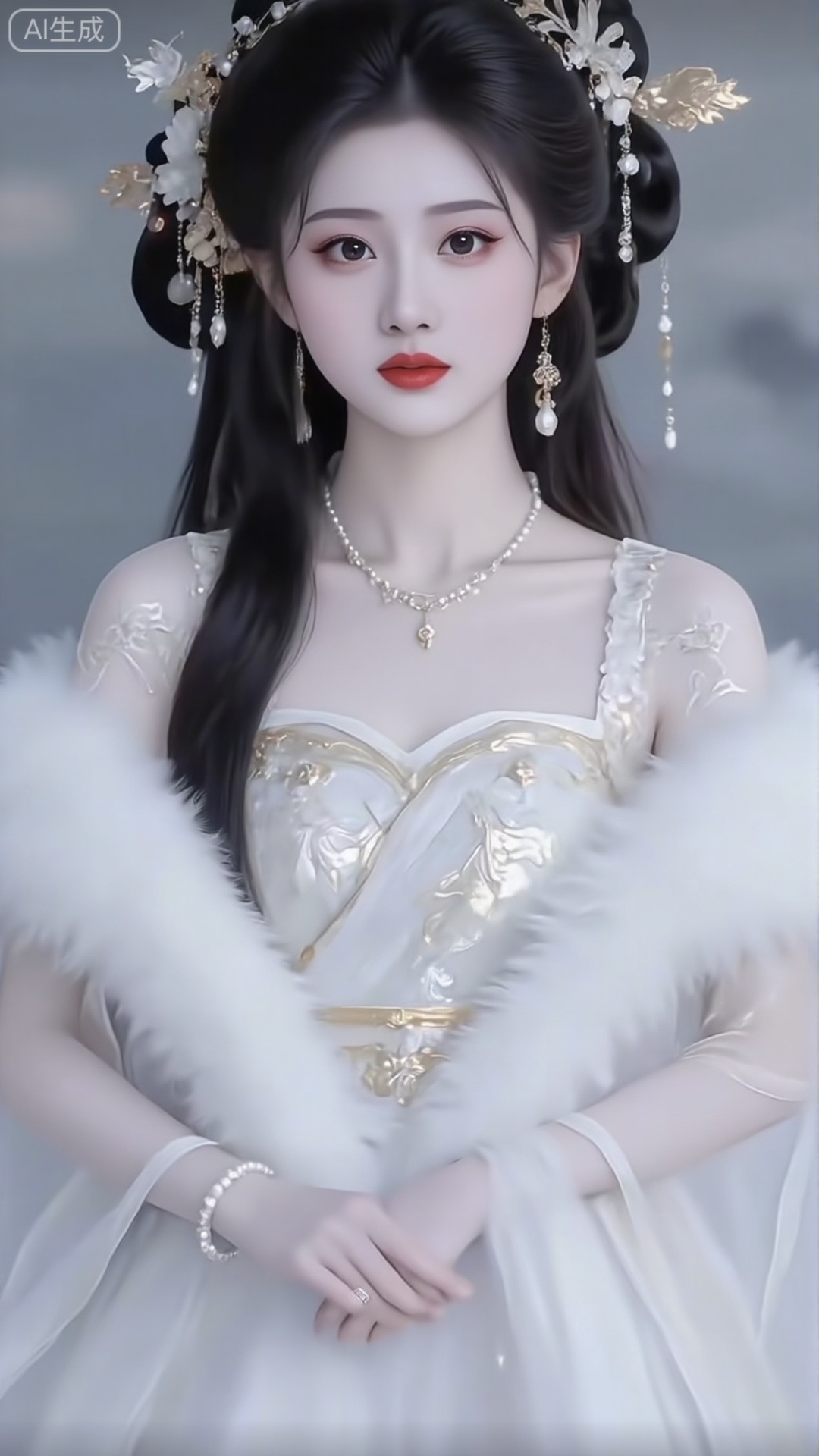 Chinese aesthetics, ethnic style, texture, mature woman, short hair, long straight hair, flowing long hair, Chinese clothing, silver white cheongsam, Dunhuang pattern cheongsam, white fluffy mink coat, phoenix eyes, close-up of the face, pale red lips, delicate, gangster boss style, female lead, extraordinary elegance, delicate hair clip, seductive, cold, lazy, aesthetics, black hair