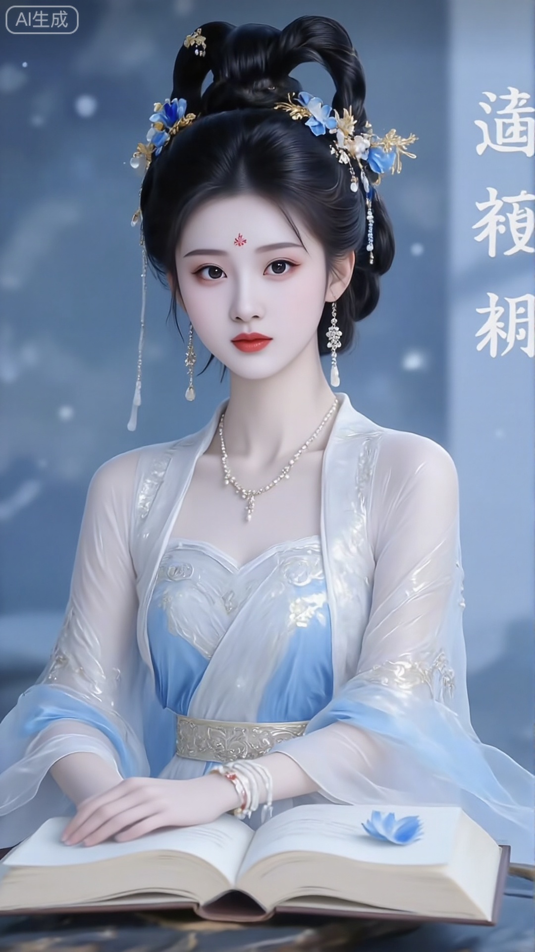 White tea moonlight ancient style pure beauty, Ming Dynasty academy style, 18-year-old girl with first love, straight bangs + double hanging bun, wooden hairpin in her hair, clear makeup (only lip color is brightened), wearing a light blue cross-collar Confucian skirt + white armor, sitting by the academy window studying ink, there is a langhao pen + rice paper on the table, outside the window is the green of the courtyard Bamboo, sunlight shines on the book page through the bamboo shadow. The light is soft diffuse light in the afternoon, with a slight ancient scroll texture. Four simple Song characters of "White Tea Moonlight" are embedded vertically on the right side of the picture (light blue gradient, echoing the Confucian skirt). The composition is quiet and literary, the color is low-saturated and elegant, the texture of the Internet celebrity's ancient academy photo, 8K ultra-clear rendering