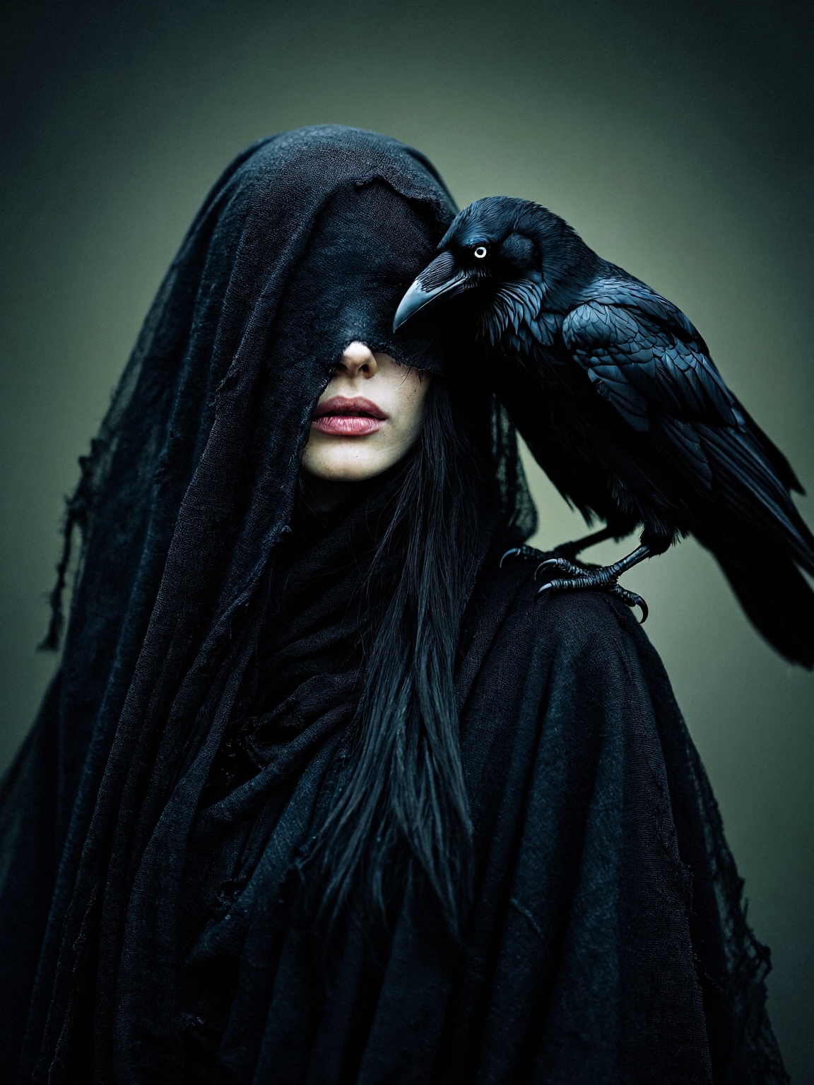 a highly detailed,  photo depicting a dramatic and eerie scene. The central figure is a woman with a fair complexion and l...