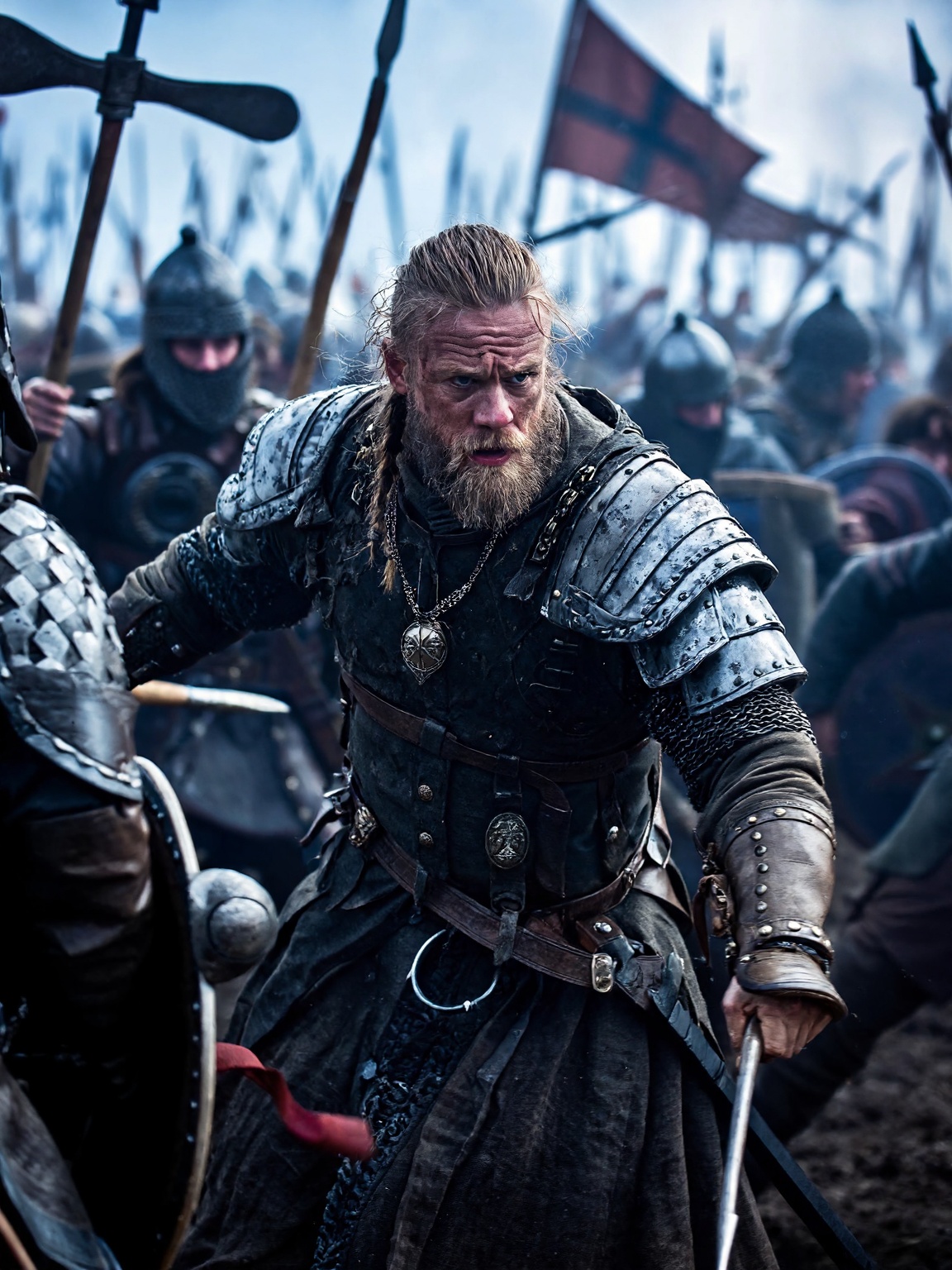 a highly detailed,  photo depicting a dramatic and cinematic movie film scene featuring a Medieval viking warrior in the m...