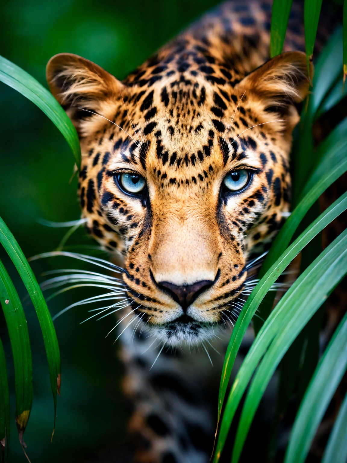 Create a photorealistic close up image that shows a close-up of a leopard's face framed by lush,  green palm fronds. The l...