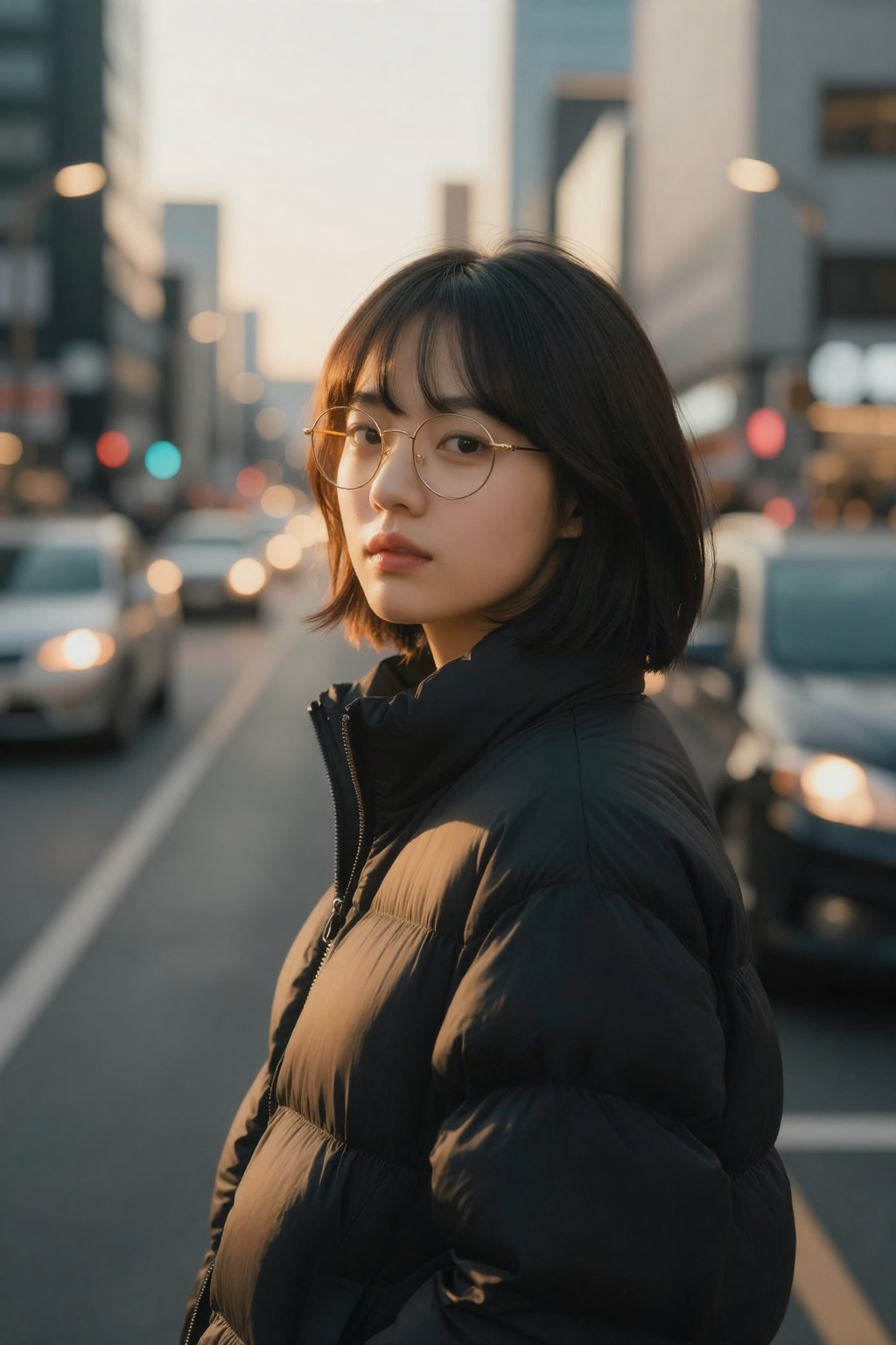 sec_filter,  A cinematic,  film-style portrait of a young Korean woman with short dark hair and bangs on Tensor.Art