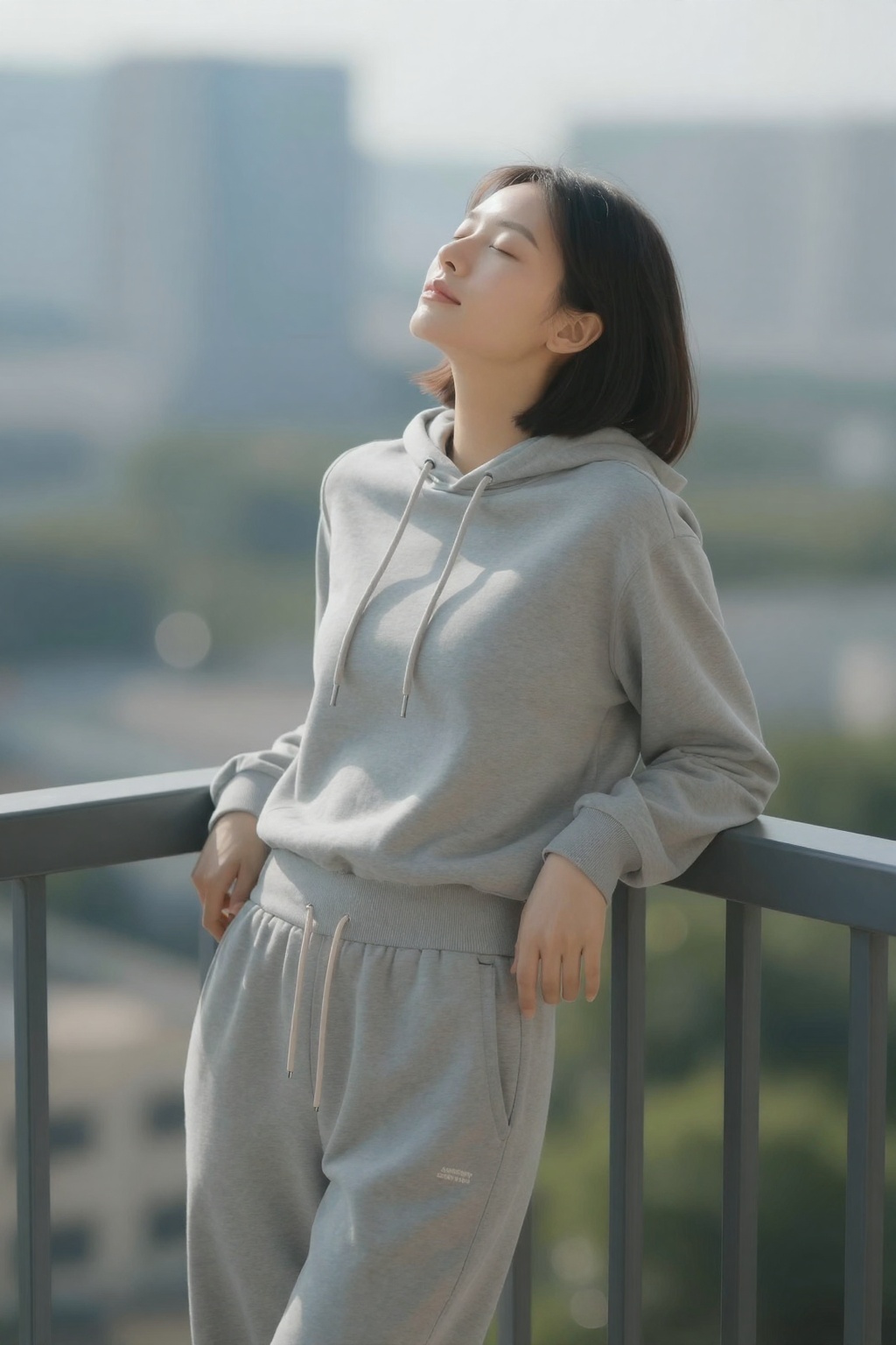 sec_filter,  Soft natural light bathes the scene with painterly bokeh. Casual portrait of woman wearing soft gray hoodie a...