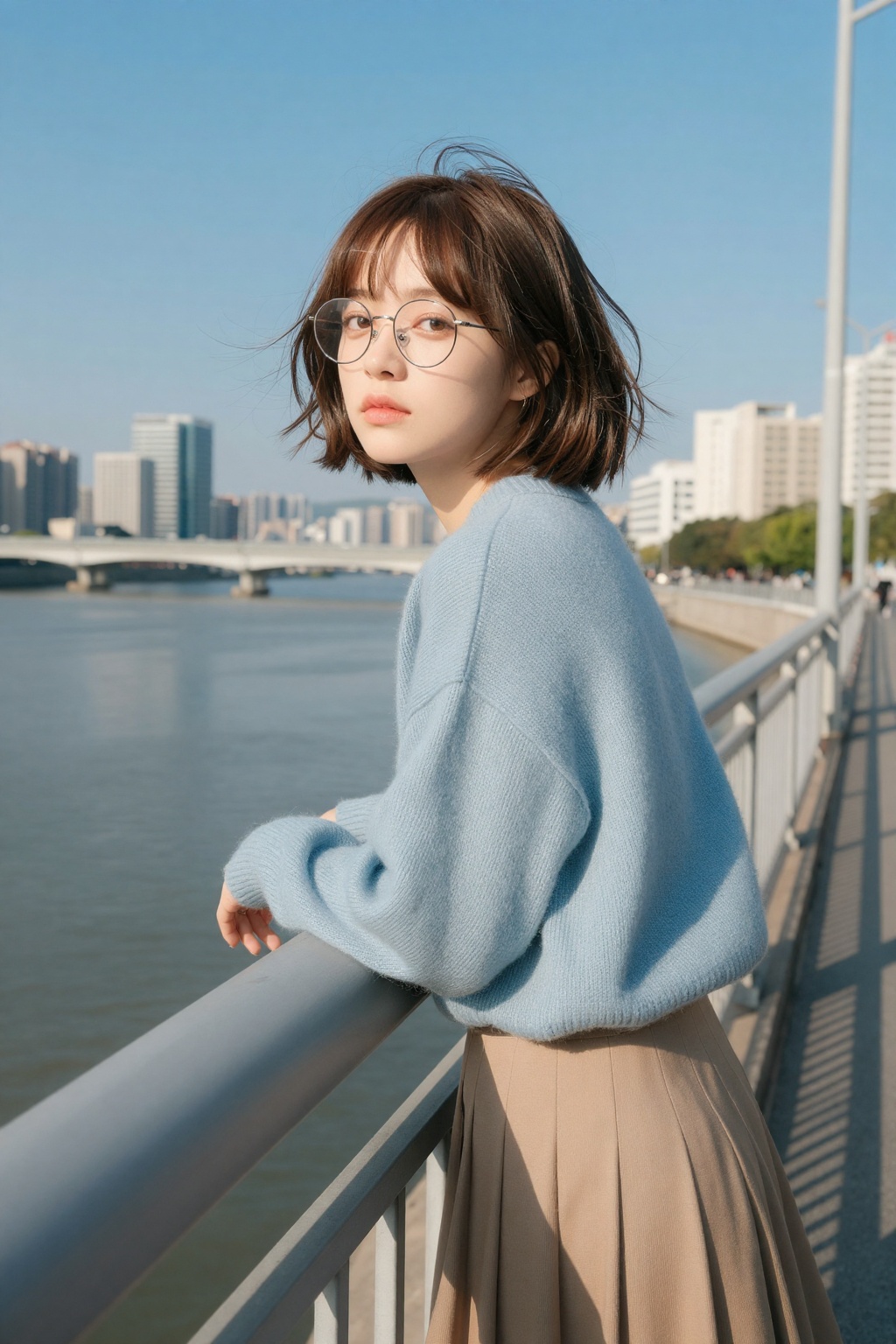 sec_filter,  A high-quality,  cinematic photograph of a young woman with a messy short brown bob and round wire-frame glas...