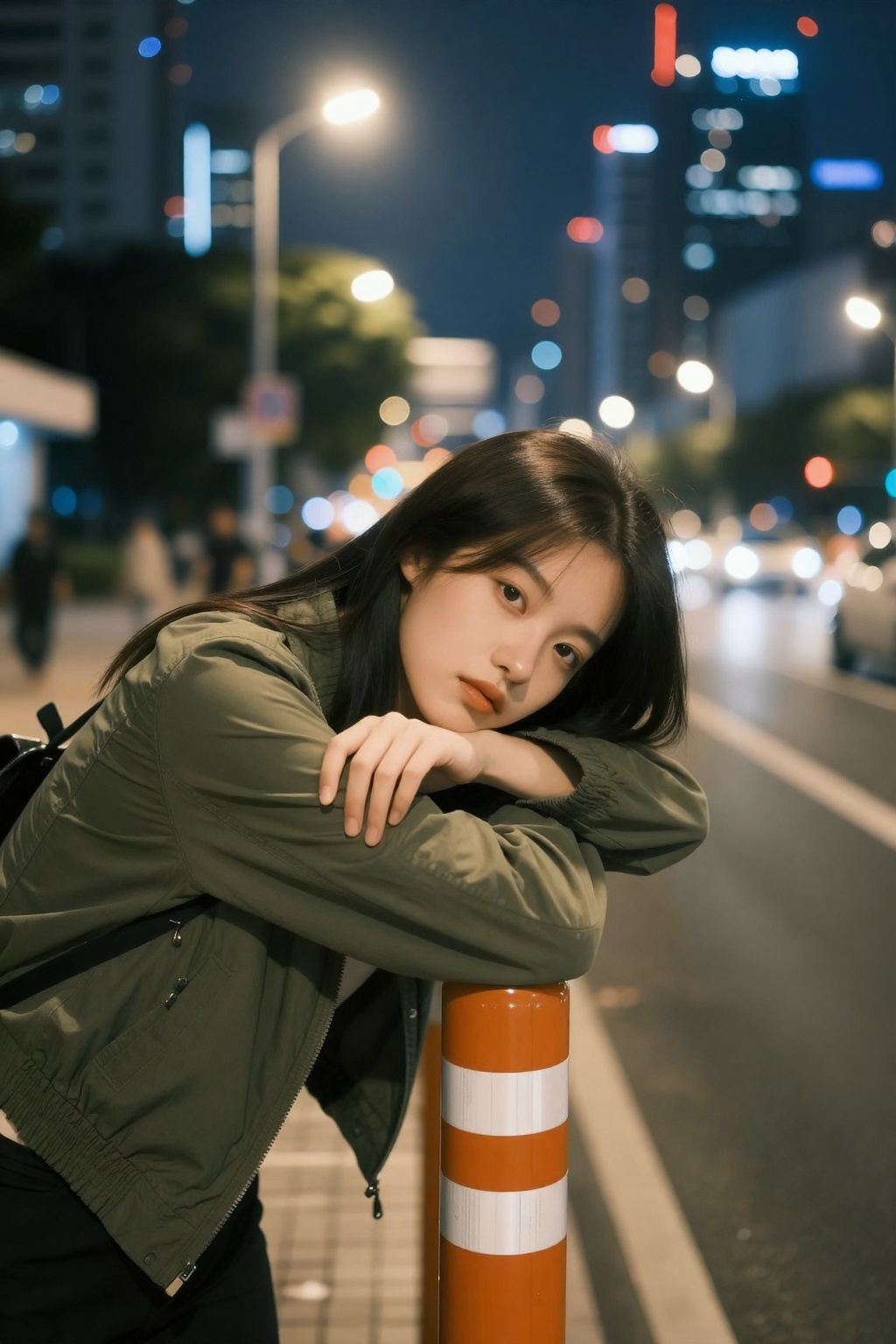 sec_filter,  Ultra-realistic nighttime urban portrait of a young East Asian woman with long straight dark hair,  natural m...