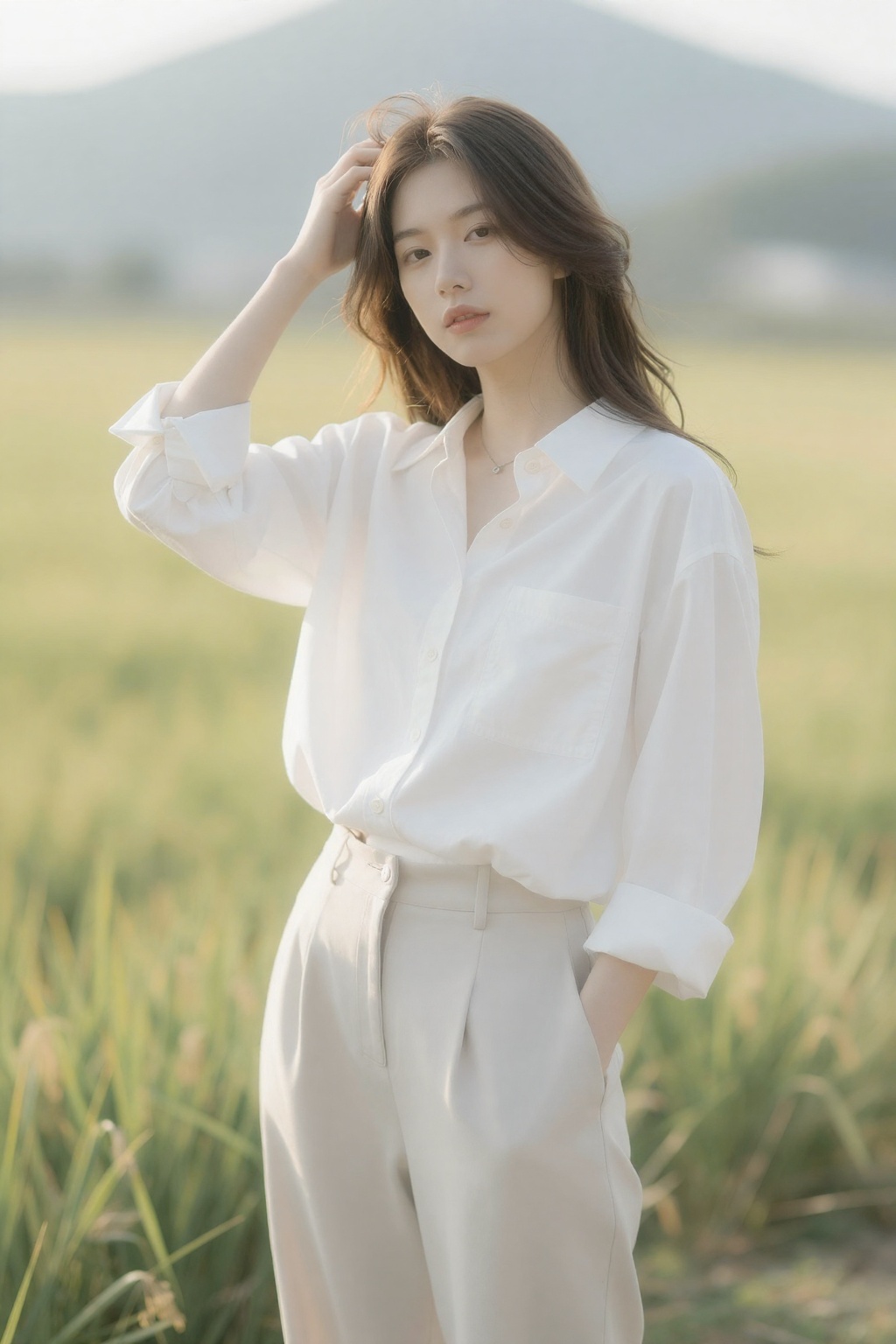 sec_filter,  Soft diffused sunlight with creamy highlights. Woman in loose white button-down shirt tucked into light trous...