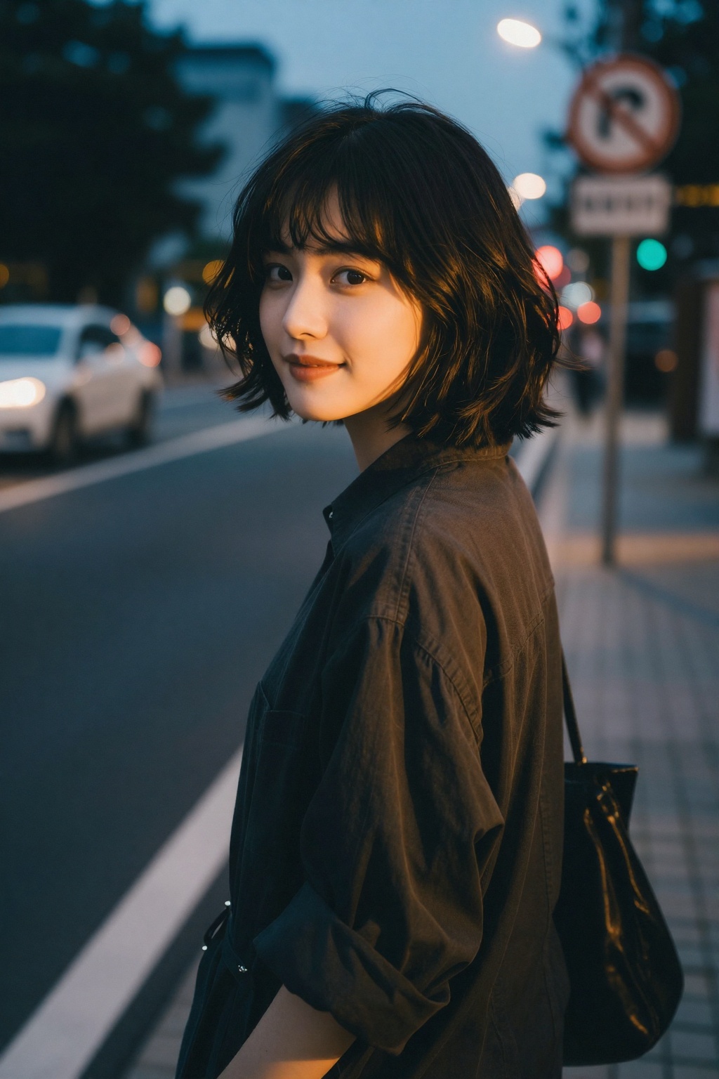 sec_filter,  A cinematic ,  Moody photograph of a young ***** east asian women with short wavy volumetric dark hair and ba...