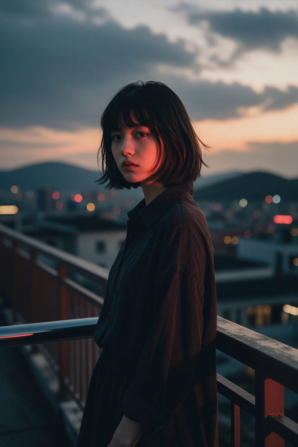 sec_filter,  A cinematic,  moody photograph of a young woman with a dark bob haircut and wispy bangs on Tensor.Art