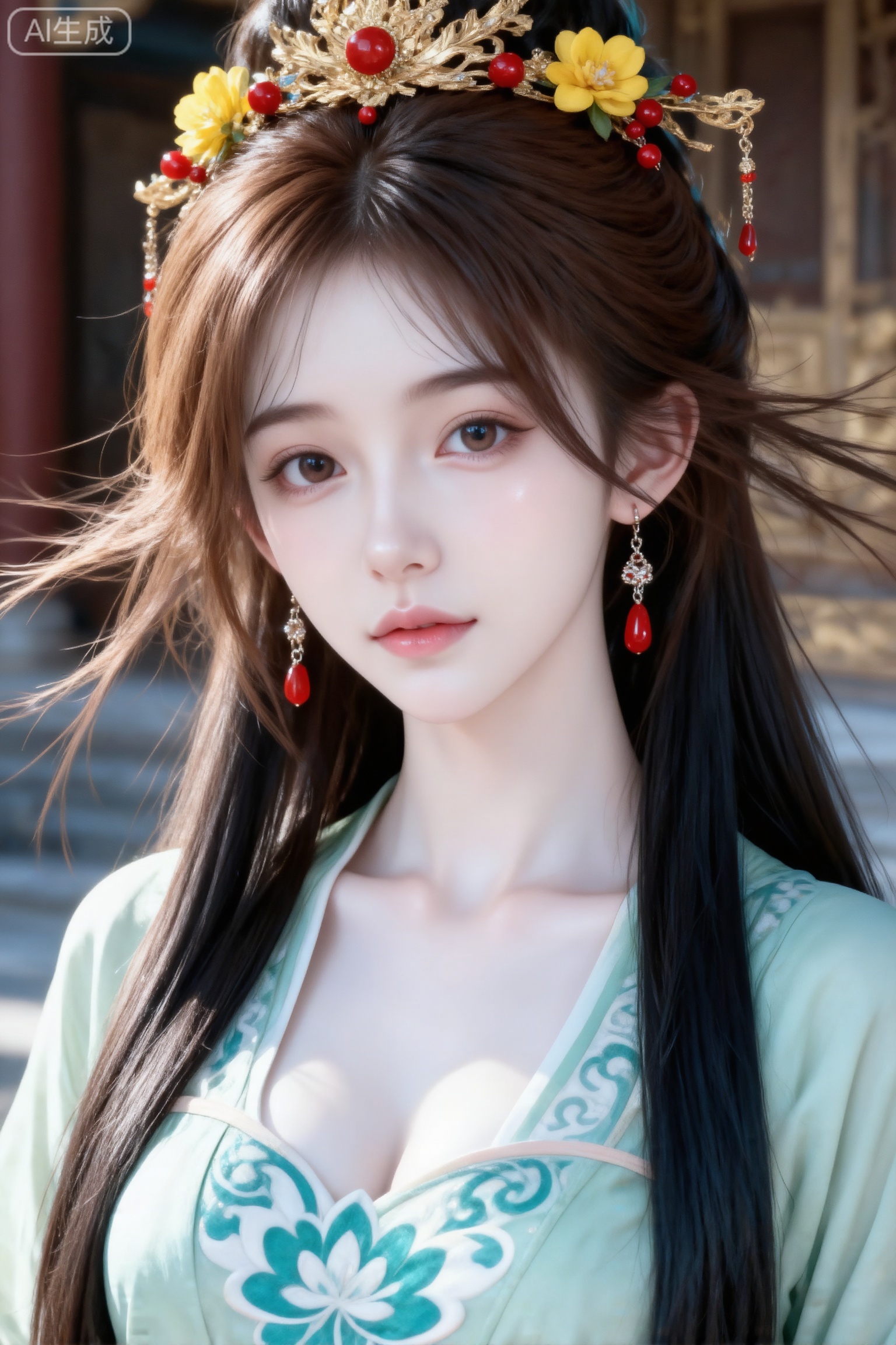 杰作级画质,顶级图像精度,超高清细节渲染,单人女性角色,（棕色亮丽的长发：1.4）,（比例优越的纤细长腿：1.3）,（肌肤白皙光滑的匀称美腿：1.4）,（挺拔饱满的D 罩杯曲线：1.4）,（精致立体的美颜五官：1.4）,美颜全开,光滑油亮的皮肤,水嫩的肌肤,一个女孩,
古装少女摄影,两鬓多缕青丝,戴金黄与红色相间的小花冠,点缀红珠花,红吊坠耳环,浅绿色紧身汉服,有青白相间的缠枝莲纹样,青春少女气息,清纯美,娇柔妩媚,（电影级面光：1.6）,（光线追踪：1.5）,（冷白皮漫感质感的光滑皮肤：1.7）,（人物有最好的骨相：1.2）,（网感脸：1.6）,（网感妆：1.6）身材完美,莫兰迪配色,高颜值网红,INS风,幼态脸,19岁女生尖下巴,三庭五眼比例均衡,身材娇小,细腻陶瓷水嫩肌肤,偏冷白皮,随机的妆容,随机的饰品,随机的动作,侧光,发丝轻飘,凌乱,随机角度拍摄,总体有很多的不确定性,但又好看,
风格甜美少女系,氛围慵懒俏皮,东方美女,黑长直,年轻娇小,发丝呈现出自然的蓬松感与垂坠感,长发散落于肩头两侧,几缕发丝拂面,冷白皮气质美女,纯欲风,皮肤白皙,偶像气质,fairskin,气质的江南美女子,有点甜美,皮肤美白透亮,甜美氛围,细腻笔触,独特韵味的美,奢华古典庭院场景