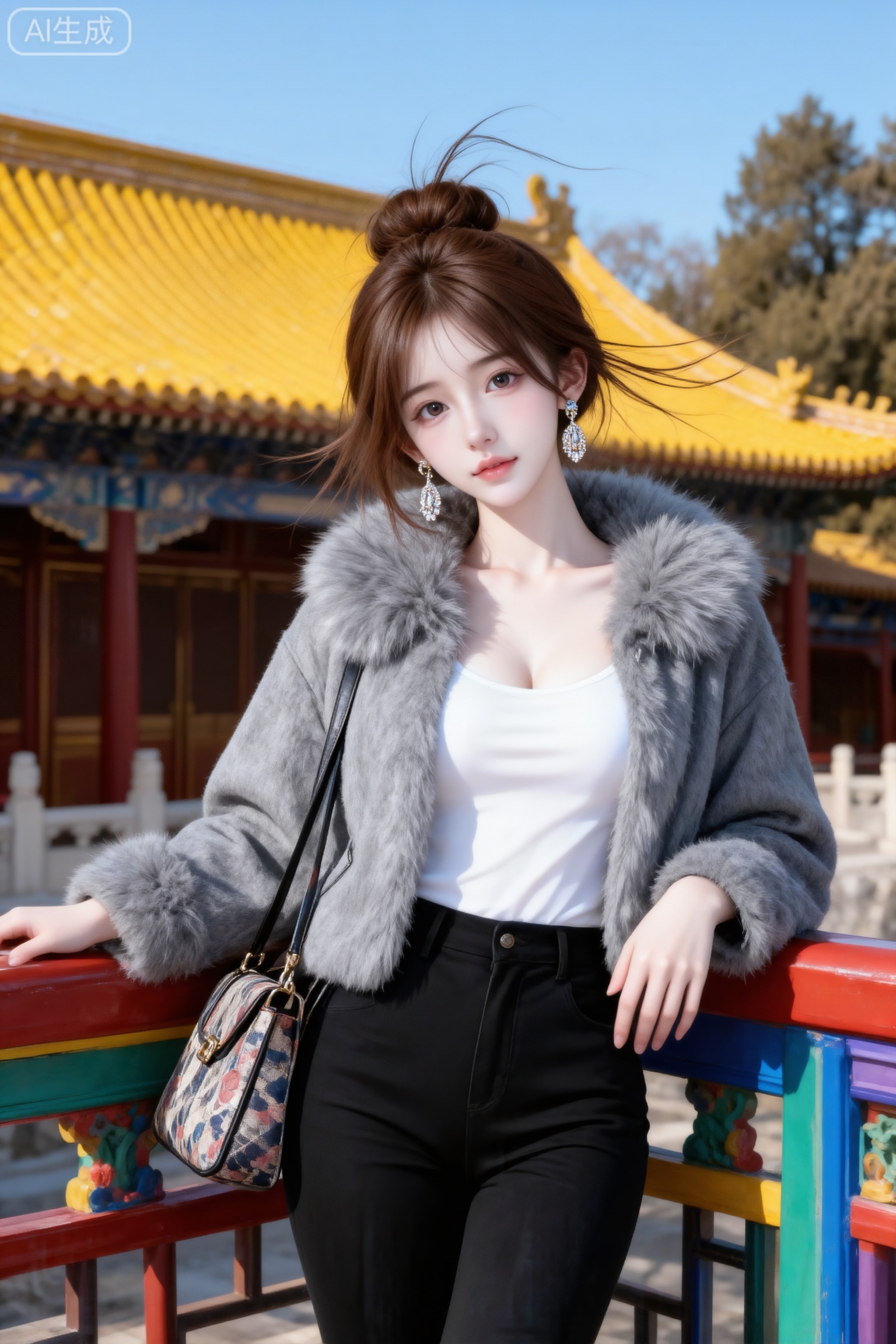 杰作级画质,顶级图像精度,超高清细节渲染,单人女性角色,（棕色亮丽的长发：1.4）,（比例优越的纤细长腿：1.3）,（肌肤白皙光滑的匀称美腿：1.4）,（挺拔饱满的D 罩杯曲线：1.4）,（精致立体的美颜五官：1.4）,美颜全开,光滑油亮的皮肤,水嫩的肌肤,一个女孩,
真实摄影,头发盘起,佩戴耳饰,身穿灰色毛绒领外套、白色内搭、黑色高腰裤,肩挎花纹手提包,侧身倚靠彩色古建栏杆,背景是黄色琉璃瓦的中式古建筑、树木与蓝天,氛围古典雅致,整体风格休闲、时尚,充满中式古建筑前的户外氛围感,（电影级面光：1.6）,（光线追踪：1.5）,（冷白皮漫感质感的光滑皮肤：1.7）,（人物有最好的骨相：1.2）,（网感脸：1.6）,身材完美,莫兰迪配色,高颜值网红,INS风,幼态脸,19岁女生尖下巴,三庭五眼比例均衡,身材娇小,细腻陶瓷水嫩肌肤,偏冷白皮,随机的妆容,随机的饰品,随机的动作,侧光,发丝轻飘,凌乱,随机角度拍摄,总体有很多的不确定性,但又好看,
风格甜美少女系,氛围慵懒俏皮,东方美女,年轻娇小,几缕发丝拂面,冷白皮气质美女,薇薇纯欲风,皮肤白皙,偶像气质,fairskin,气质的江南美女子,有点甜美,皮肤美白透亮,表情可爱,甜美氛围,细腻笔触,独特韵味的美,可爱表情
