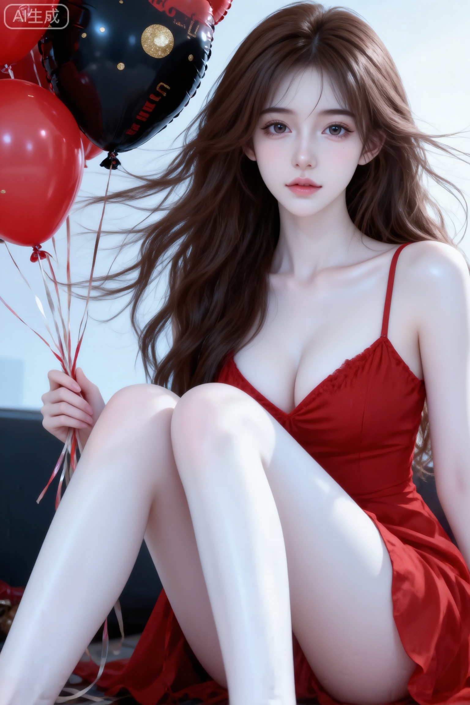 杰作级画质,顶级图像精度,超高清细节渲染,单人女性角色,（棕色亮丽的长发：1.4）,（比例优越的纤细长腿：1.3）,（肌肤白皙光滑的匀称美腿：1.4）,（挺拔饱满的D 罩杯曲线：1.4）,（精致立体的美颜五官：1.4）,美颜全开,光滑油亮的皮肤,水嫩的肌肤,一个女孩,
冷色调,高曝光,高亮度,18岁女大学生,尖下巴,三庭五眼比例均衡,棕色披肩长卷发,头发随风飘逸。身材娇小,细腻陶瓷水嫩肌肤,偏冷白皮,妆容精致上半身特写,正面照,全景镜头,人物上半身特写镜头,身穿红色吊带连衣裙过膝,完美侧脸,最高等级画质,IHD,梦幻,美颜全开,手里拿着一束红色黑色爱心气球,金点,浪漫唯美,超高清,32k分辨率,去掉一切噪点,室内派队背景。