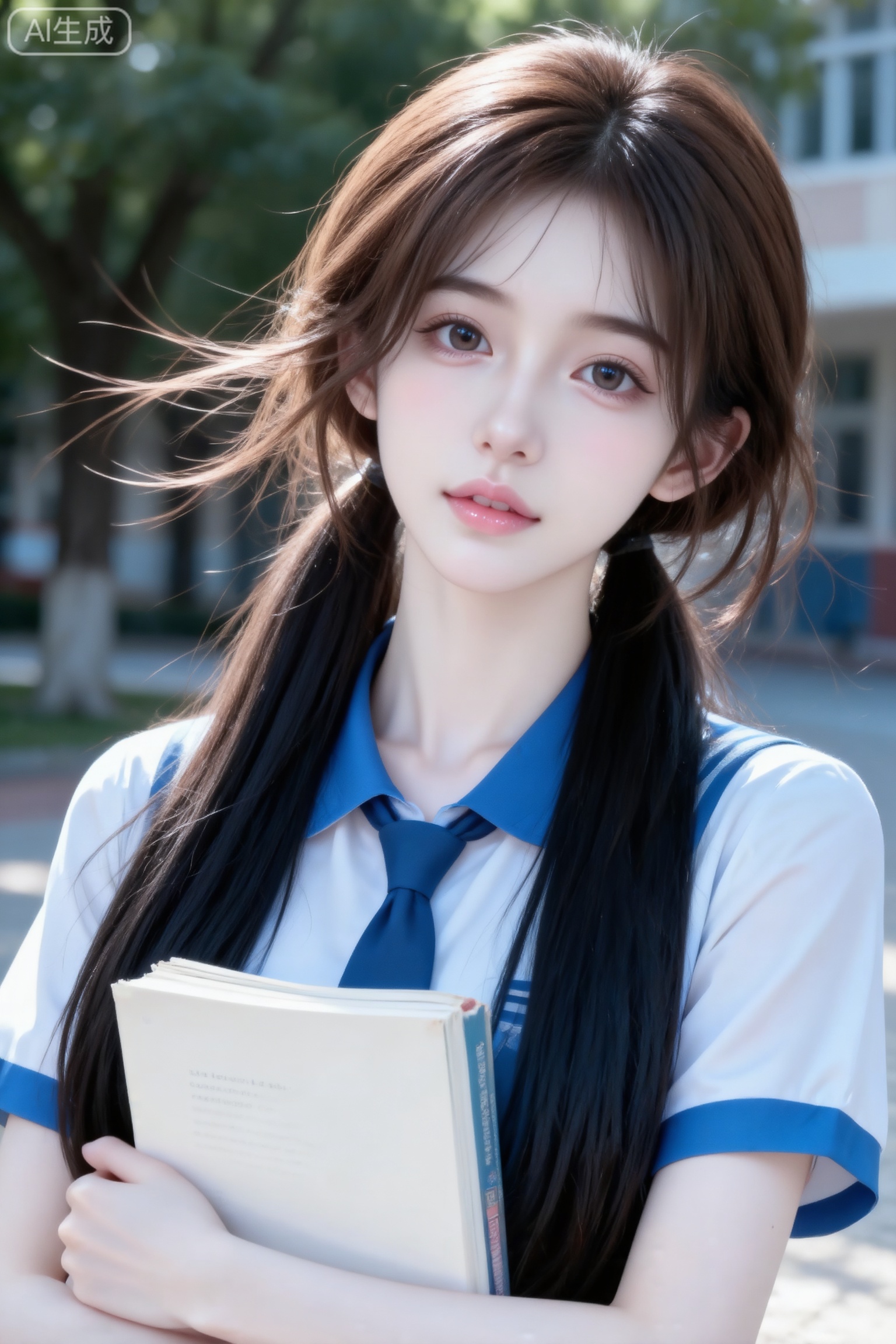 杰作级画质,顶级图像精度,超高清细节渲染,单人女性角色,（棕色亮丽的长发：1.4）,（比例优越的纤细长腿：1.3）,（肌肤白皙光滑的匀称美腿：1.4）,（挺拔饱满的D 罩杯曲线：1.4）,（精致立体的美颜五官：1.4）,美颜全开,光滑油亮的皮肤,水嫩的肌肤,一个女孩,
苹果手机17plus原相机拍摄风格,画面中是一个超级白、冷白皮,超级骨感瘦带有清冷感的漂亮少女,她梳着低马尾,穿着蓝白短袖校服,凸显完美s曲线身材,抱着书本,在校园林荫树下,正面上半身特写镜头拍摄,看镜头。（电影级面光：1.6）,（光线追踪：1.5）,（冷白皮漫感质感的光滑皮肤：1.7）,（人物有最好的骨相：1.2）,（网感脸：1.6）,（网感妆：1.6）身材完美,莫兰迪配色,高颜值网红,INS风,幼态脸,19岁女生尖下巴,三庭五眼比例均衡,身材娇小,细腻陶瓷水嫩肌肤,偏冷白皮,随机的妆容,随机的饰品,随机的动作,侧光,发丝轻飘,凌乱,随机角度拍摄,总体有很多的不确定性,但又好看,
风格甜美少女系,氛围慵懒俏皮,东方美女,黑长直,年轻娇小,发丝呈现出自然的蓬松感与垂坠感,长发散落于肩头两侧,几缕发丝拂面,冷白皮气质美女,纯欲风,皮肤白皙,偶像气质,fairskin,气质的江南美女子,有点甜美,皮肤美白透亮,表情可爱,甜美氛围,细腻笔触,独特韵味的美,可爱表情