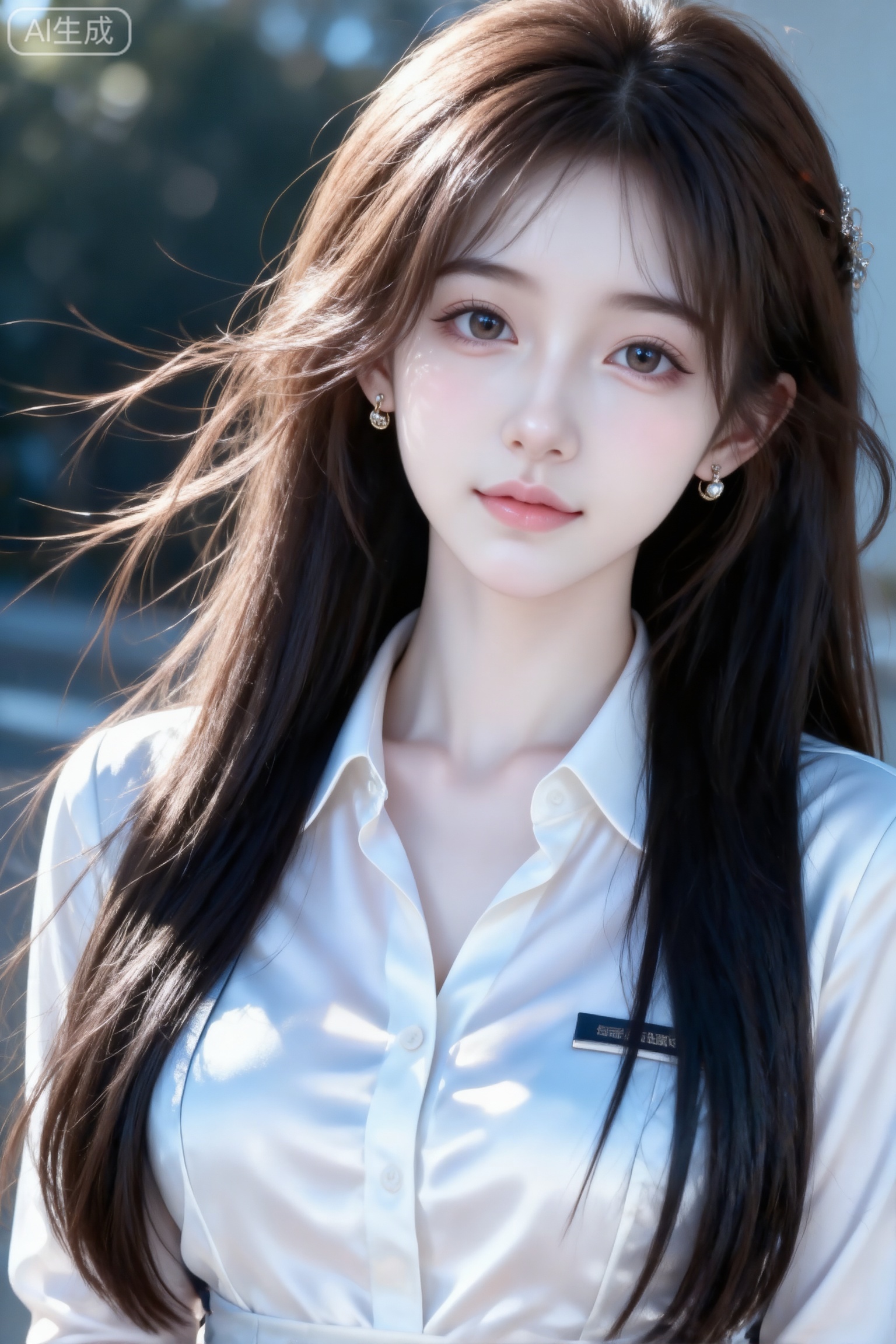 杰作级画质,顶级图像精度,超高清细节渲染,单人女性角色,（棕色亮丽的长发：1.4）,（比例优越的纤细长腿：1.3）,（肌肤白皙光滑的匀称美腿：1.4）,（挺拔饱满的D 罩杯曲线：1.4）,（精致立体的美颜五官：1.4）,美颜全开,光滑油亮的皮肤,水嫩的肌肤,一个女孩,
醋酸缎面制服白色衬衫女春秋新款修身收腰衬衣职业通勤包臀裙套装,以艺术美学呈现画面。画面中的女生,有着可爱无辜且眼睑下至的眼睛。她拥有森系发型,发丝垂坠且轻抚泛光,瓷感白肌肤,清纯动人,佩戴简约饰品,可爱俏皮娇俏微表情。构图平庸,呈现生活快照般的随手一拍抓拍风格。女生正面向镜头,中景,光影斑驳。清晰清楚干净画面,环境为大晴天,柔和的光线笼罩。室外,模样可爱的冷白皮女生,身着白内衬。（电影级面光：1.6）,（光线追踪：1.5）,（冷白皮漫感质感的光滑皮肤：1.7）,（人物有最好的骨相：1.2）,（网感脸：1.6）,身材完美,莫兰迪配色,高颜值网红,INS风,幼态脸,19岁女生尖下巴,三庭五眼比例均衡,身材娇小,细腻陶瓷水嫩肌肤,偏冷白皮,随机的妆容,随机的饰品,随机的动作,侧光,发丝轻飘,凌乱,随机角度拍摄,总体有很多的不确定性,但又好看,
风格甜美少女系,氛围慵懒俏皮,东方美女,黑长直,年轻娇小,发丝呈现出自然的蓬松感与垂坠感,长发散落于肩头两侧,几缕发丝拂面,冷白皮气质美女,薇薇纯欲风,皮肤白皙,偶像气质,fairskin,气质的江南美女子,有点甜美,皮肤美白透亮,表情可爱,甜美氛围,细腻笔触,独特韵味的美,可爱表情