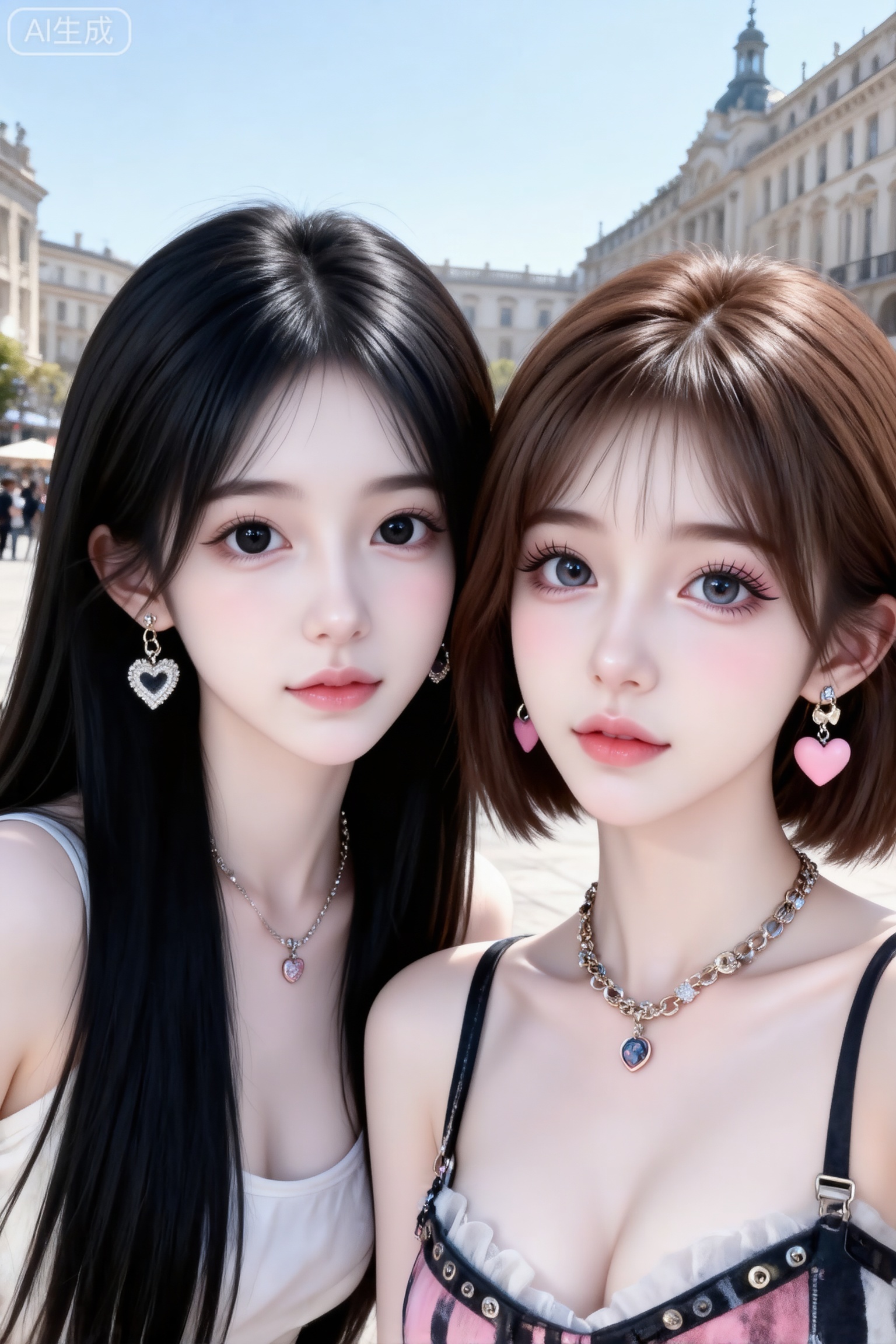 杰作级画质,顶级图像精度,超高清细节渲染,单人女性角色,（棕色亮丽的长发：1.4）,（比例优越的纤细长腿：1.3）,（肌肤白皙光滑的匀称美腿：1.4）,（挺拔饱满的D 罩杯曲线：1.4）,（精致立体的美颜五官：1.4）,美颜全开,光滑油亮的皮肤,水嫩的肌肤,一个女孩,
两个20岁甜美女孩,美的各有千秋,高级质感网红照,半身照、两位高颜值闺蜜、清纯可爱长相、绝美双眼,精致五官、樱桃小嘴、瓷白皮肤。
- 背景细节：在国外的网红自拍景点。
- 人物细节：微距特写,女,冷白皮,一位黑色长直发圆眼,黑瞳、一位棕色气质短发,大眼睛水汪汪,古灵精怪、调皮、纯欲、妩媚、可爱、甜美,仿佛会说话的眼睛,眼部妆容精致,淡色眼影,长睫毛；曼妙身材,穿着不同款式个性潮流闺蜜服装,心机不做作的拍照姿势、看着镜头。整体呈现甜美梦幻的少女感,搭配甜美少女心耳环项链,完美的构图、氛围感,自然互动,两位性格和穿搭截然不同。