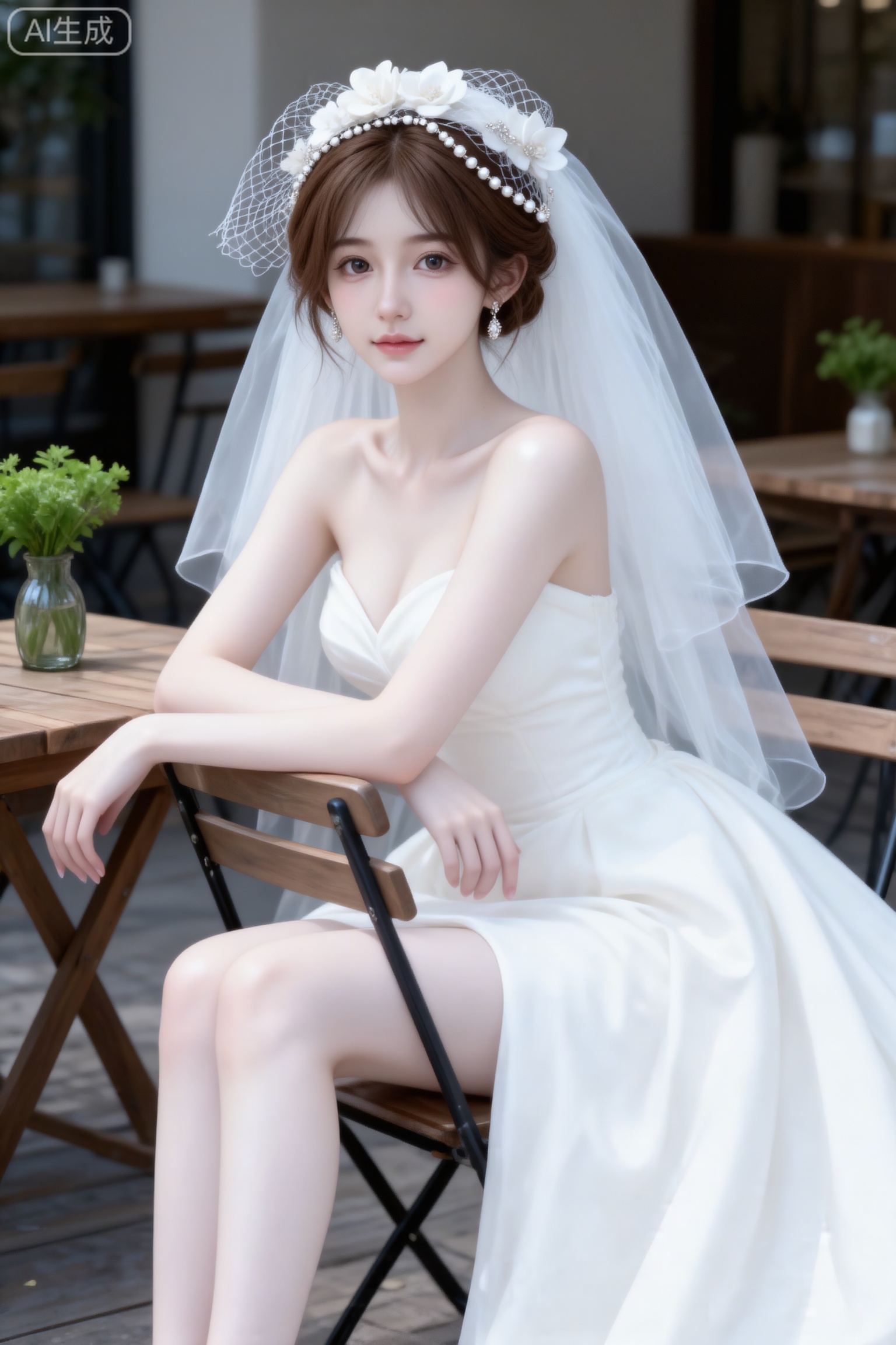 杰作级画质,顶级图像精度,超高清细节渲染,单人女性角色,（棕色亮丽的长发：1.4）,（比例优越的纤细长腿：1.3）,（肌肤白皙光滑的匀称美腿：1.4）,（挺拔饱满的D 罩杯曲线：1.4）,（精致立体的美颜五官：1.4）,美颜全开,光滑油亮的皮肤,水嫩的肌肤,一个女孩,
真实摄影,盘发造型,佩戴白色网纱头饰（带有花朵装饰与珠链发箍）、白色头纱,穿着白色抹胸长款婚纱（裙摆垂坠拖地）,双臂搭在折叠椅的椅背上,侧身坐在户外木质平台的折叠椅上,背景有木质桌子（摆放着小型绿植瓶）、折叠椅与简约建筑空间,整体风格优雅、清新,充满轻婚纱的浪漫与休闲氛围感,容颜绝美,正面照,超清晰画质,妆造精致,饰品精巧,可爱妆造,温柔大方,五官精致,面部清晰,（电影级面光：1.6）,（光线追踪：1.5）,（冷白皮漫感质感的光滑皮肤：1.7）,（人物有最好的骨相：1.2）,（网感脸：1.6）,身材完美,莫兰迪配色,高颜值网红,INS风18岁女生尖下巴,三庭五眼比例均衡,细腻陶瓷水嫩肌肤,偏冷白皮,随机的动作,侧光,随机角度拍摄,总体有很多的不确定性,但又好看, 风格甜美少女系,氛围慵懒俏皮,冷白皮气质美女,薇薇纯欲风,皮肤白皙,偶像气质,fairskin,气质的江南美女子,有点甜美,皮肤美白透亮,表情可爱,甜美氛围,细腻笔触,独特韵味的美