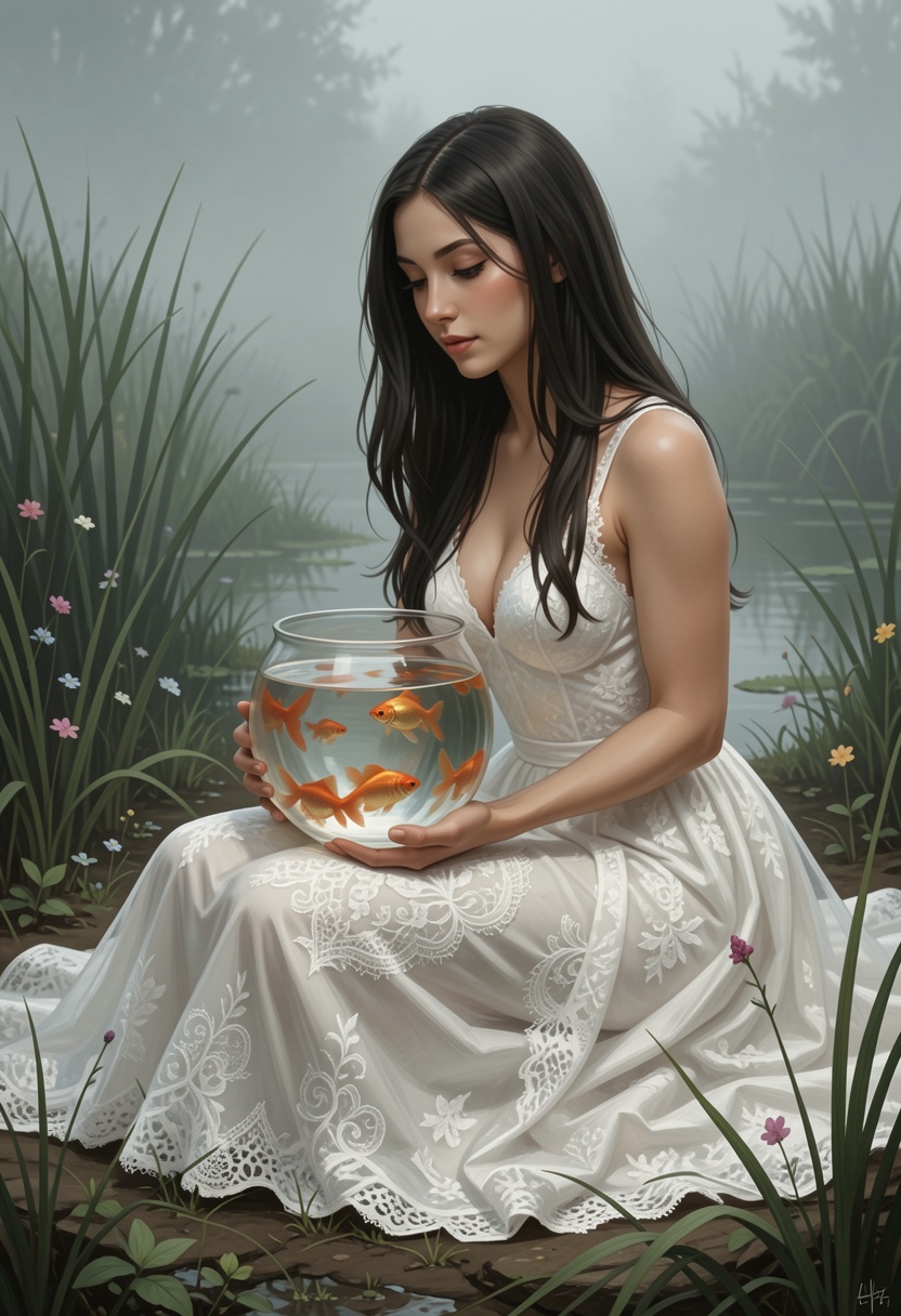 digital paint of a person sitting in lace wedding dress and holdint a **** with gold fish in a natural setting,  likely a...