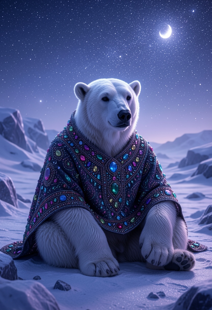 In this captivating realistic shot,  an anthropomorphic polar bear dressed in a richly textured,  jewel-toned shawl sits c...