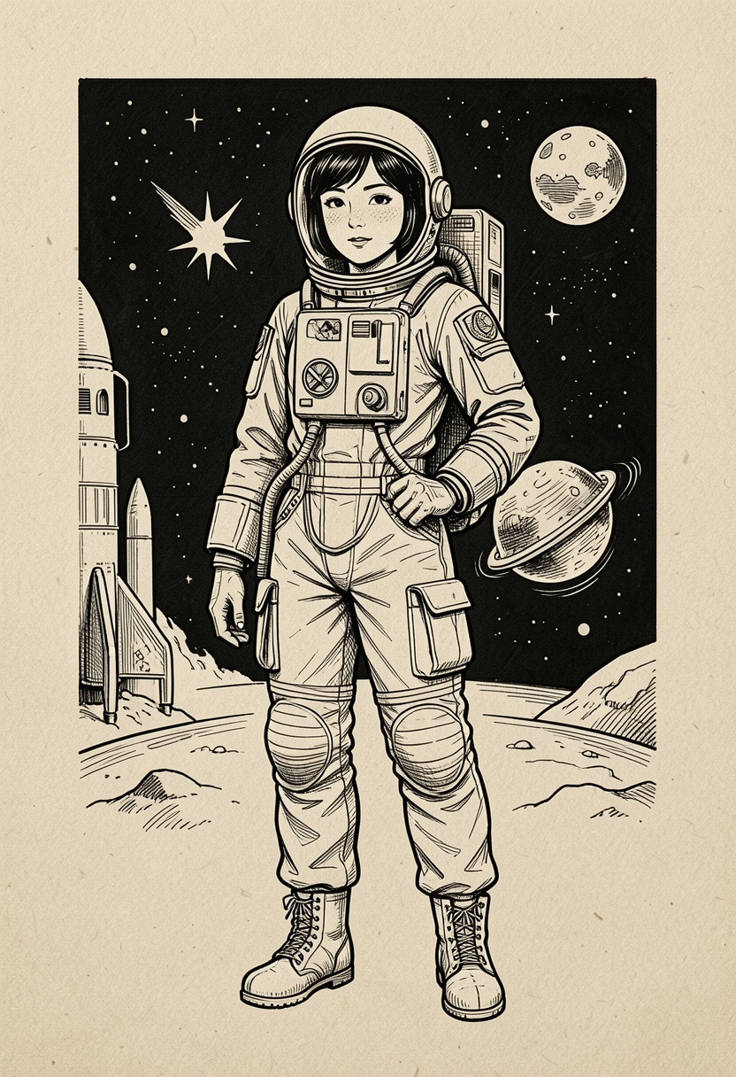 illustration of Japanese woman 1960s Astronaut in style of ink sketch on construction paper. ((intricate paper texture)) o...