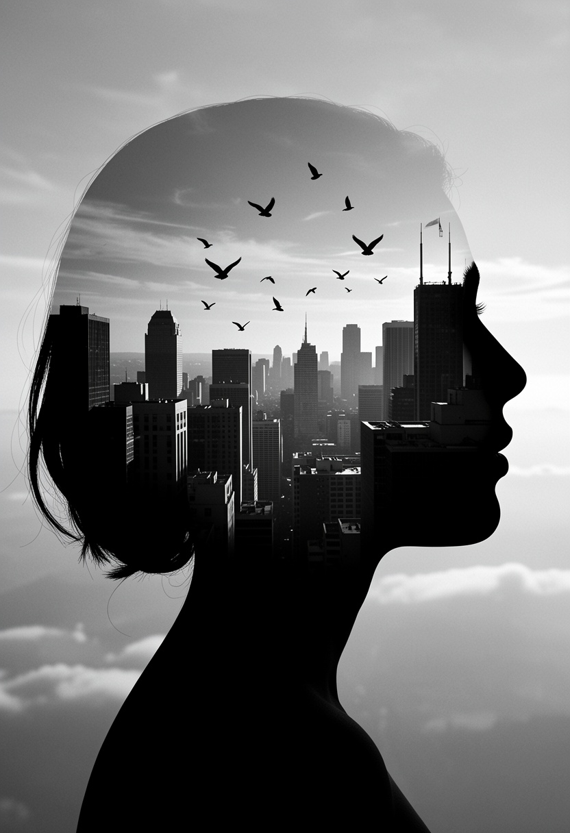 silhouette of a woman head,  within which there appears to be a cityscape with buildings. (birds FLY BETWEEN BUILDINGS,  I...